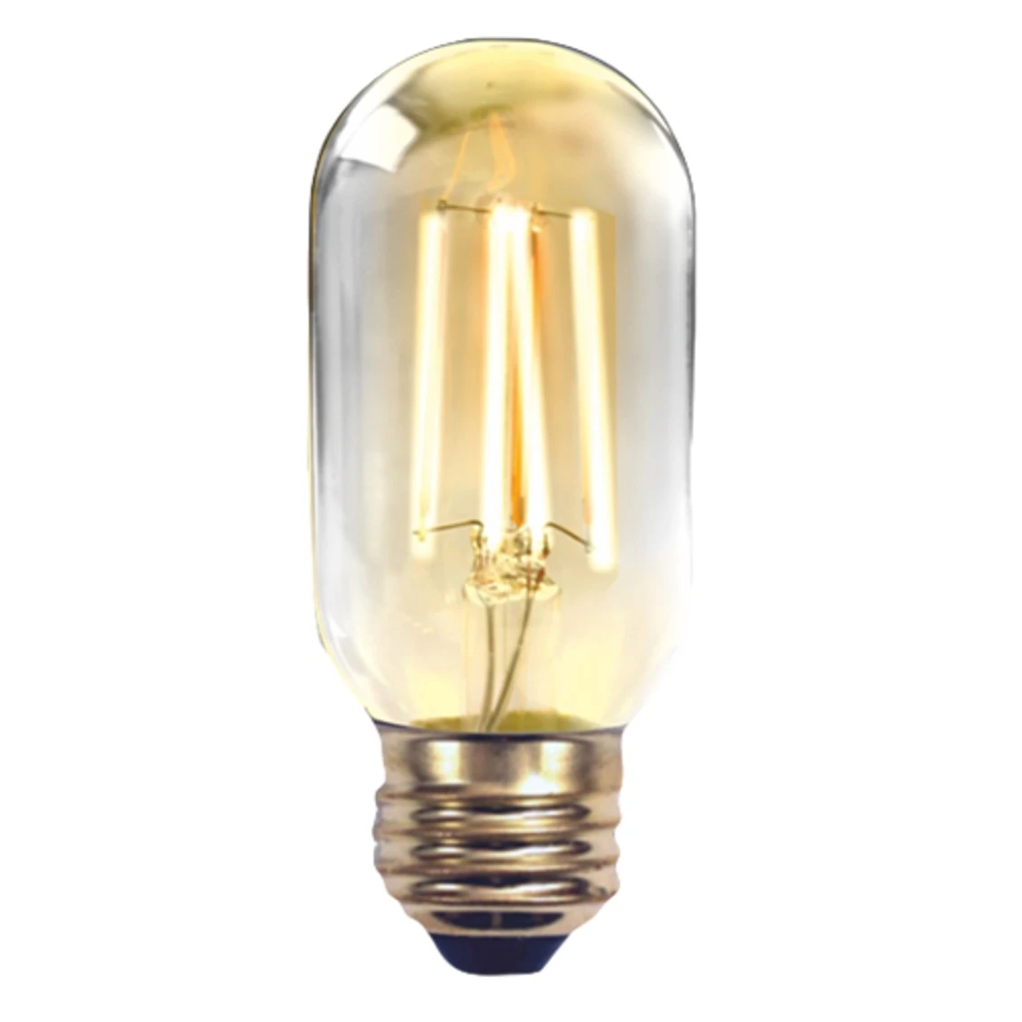 Una bombilla cilíndrica transparente con filamento dorado. La base es color latón, y el fondo es blanco.