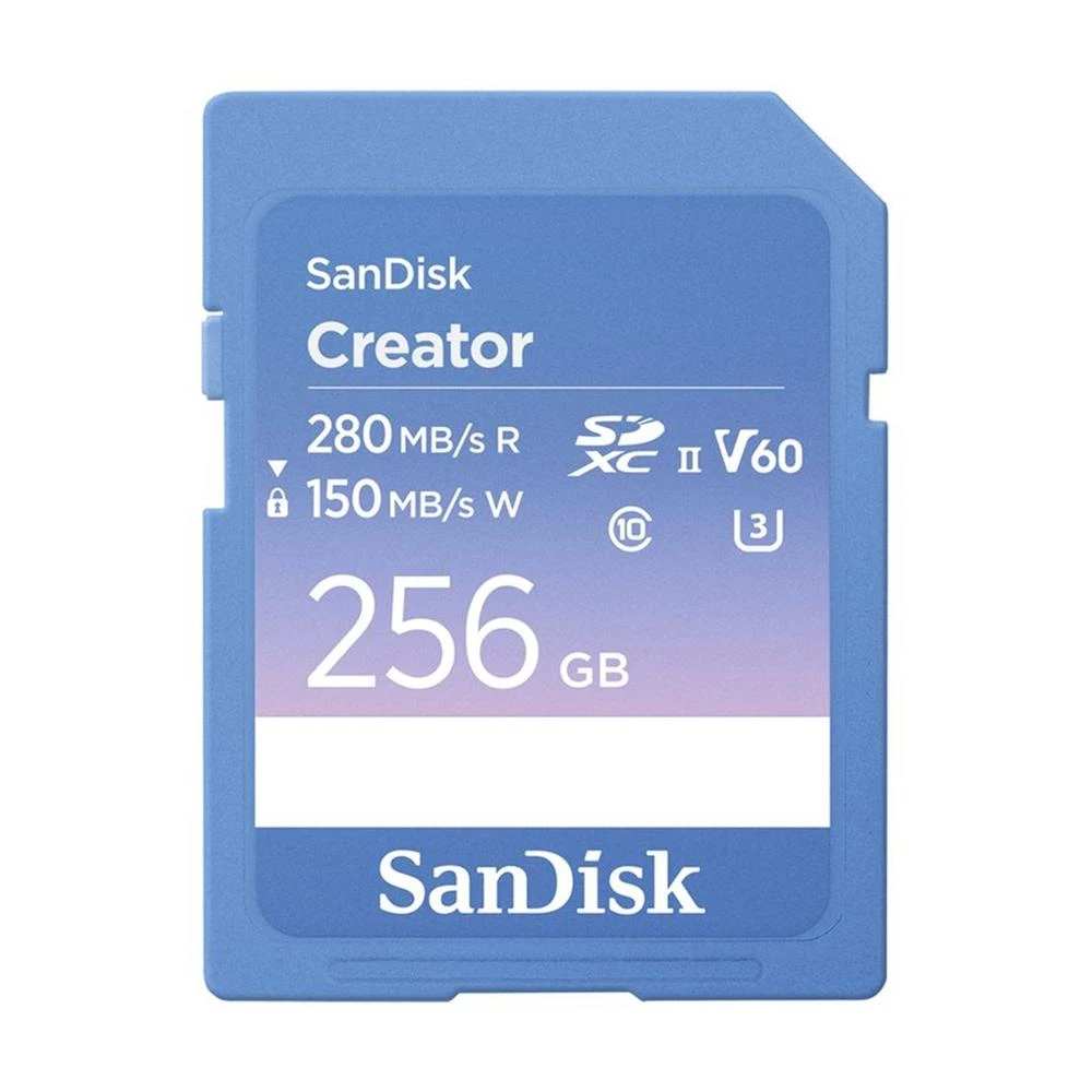 Eine blaue Sandisk Creator SD-Karte. Sie hat Schriftzüge, darunter 256 GB, 280 MB/s R und 150 MB/s W. Das Sandisk-Logo befindet sich unten.