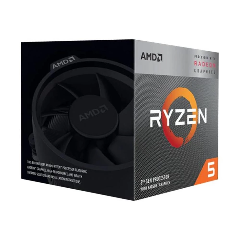 Scatola del processore AMD Ryzen 5. La scatola ha il logo Ryzen e il marchio AMD. Mostra un dissipatore CPU e grafica Radeon.