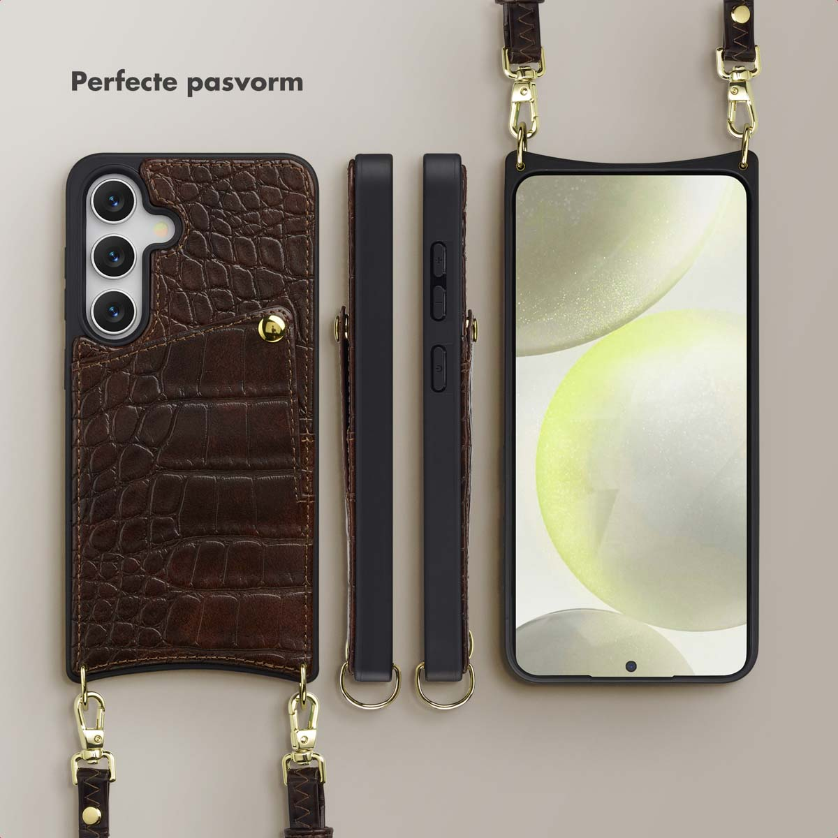 Een telefoonhoesje met bruine leertextuur en een band. Het scherm toont een lichte achtergrond met cirkels.