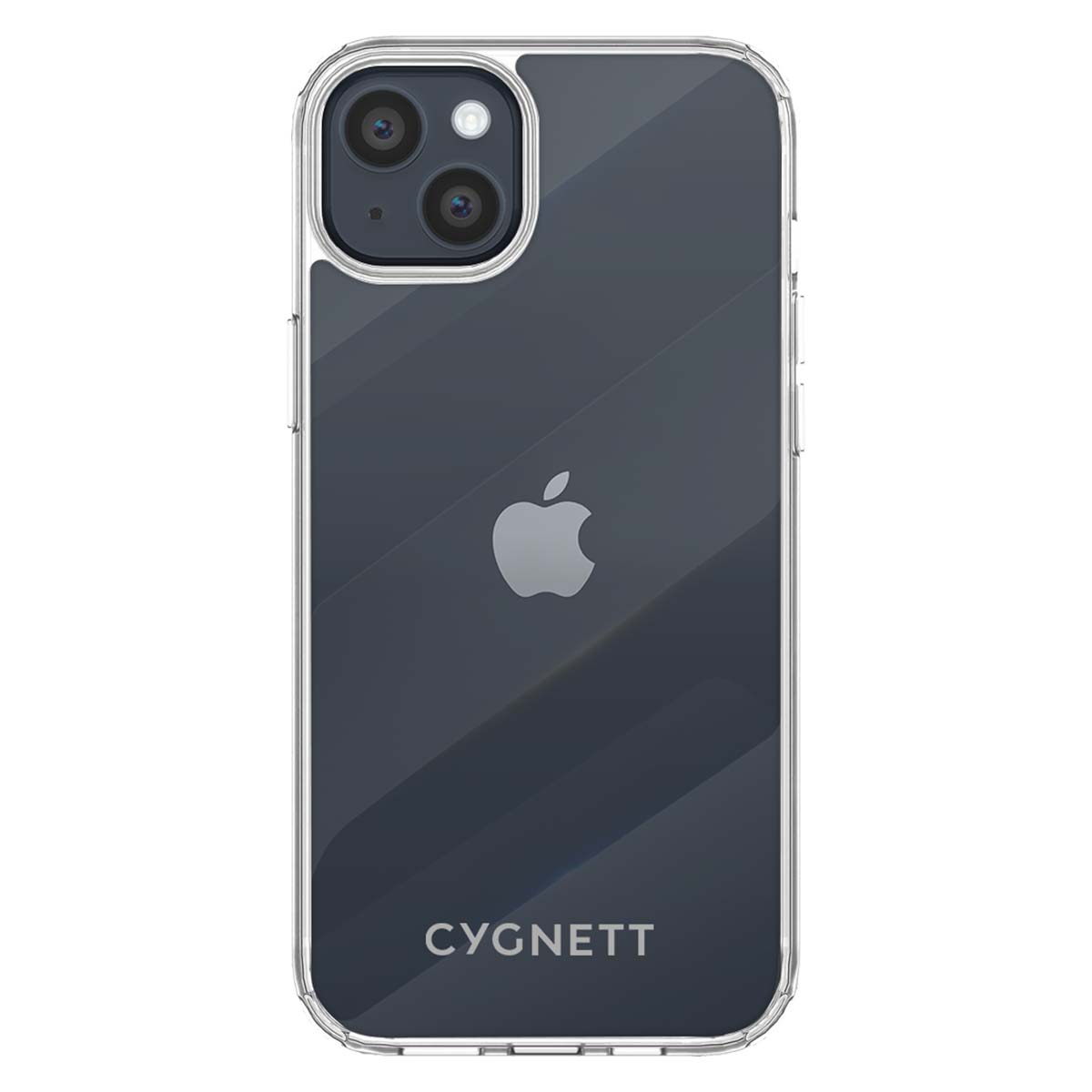 Una custodia trasparente su un iPhone nero. Il logo Apple è visibile. Il marchio CYGNETT è in basso. La custodia ha un ritaglio per la fotocamera.