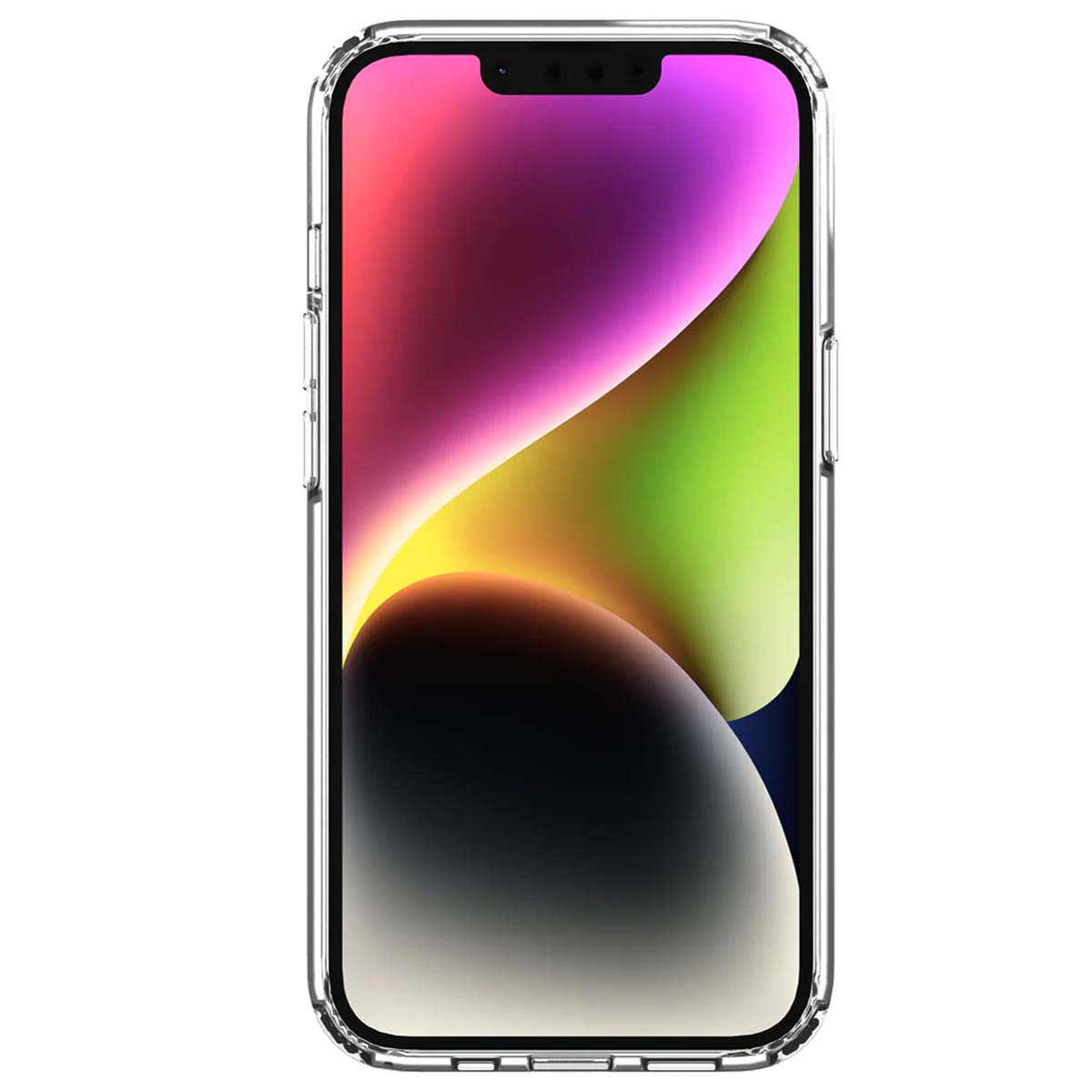 Un iPhone in una custodia trasparente. Lo schermo mostra una sfumatura colorata di rosa, viola, verde, giallo e nero.