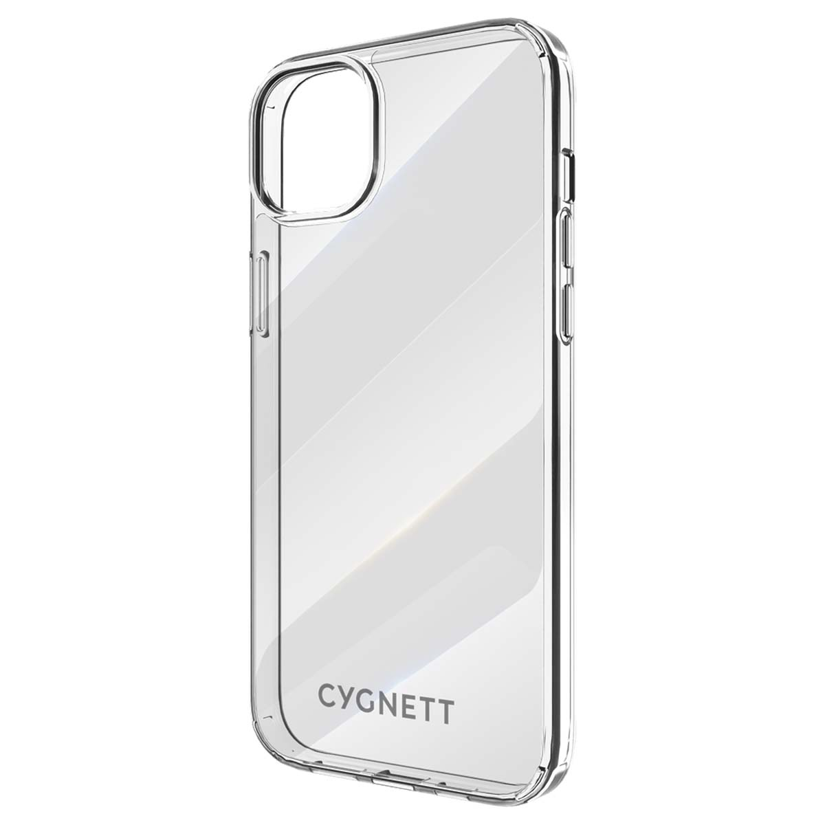 Una custodia trasparente per telefono con il logo Cygnett in basso. La custodia ha aperture per fotocamera e pulsanti.