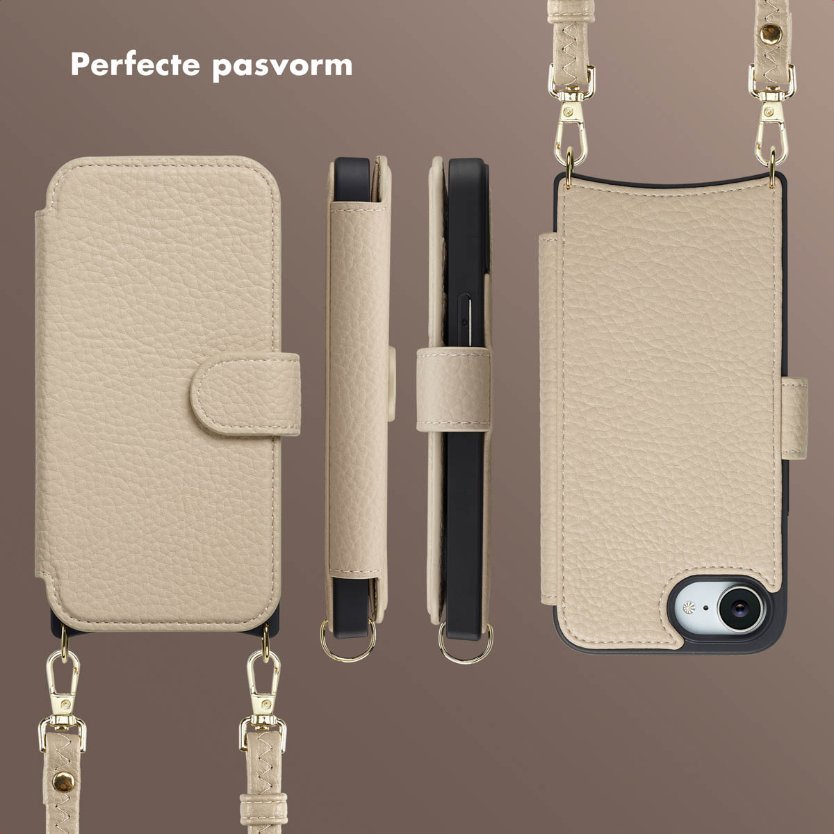 Custodia per telefono in pelle beige con cinturino, mostrata da più angolazioni. Testo 'Vestibilità perfetta' in alto. Hardware dorato e telefono nero visibili.