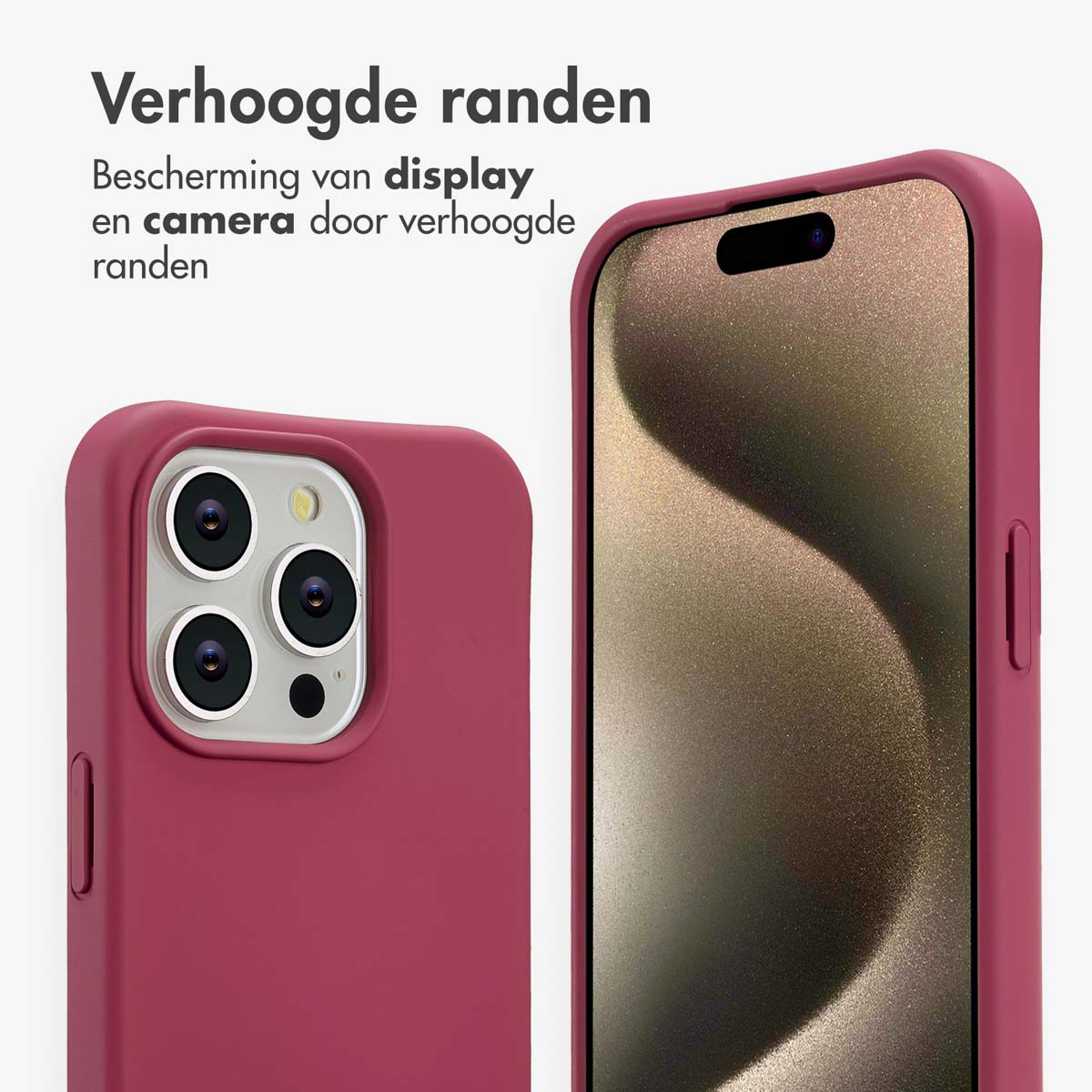 Twee roze telefoonhoesjes. De linker toont cameralenzen. De rechter toont een telefoonscherm. Tekst: 'Verhoogde randen'.