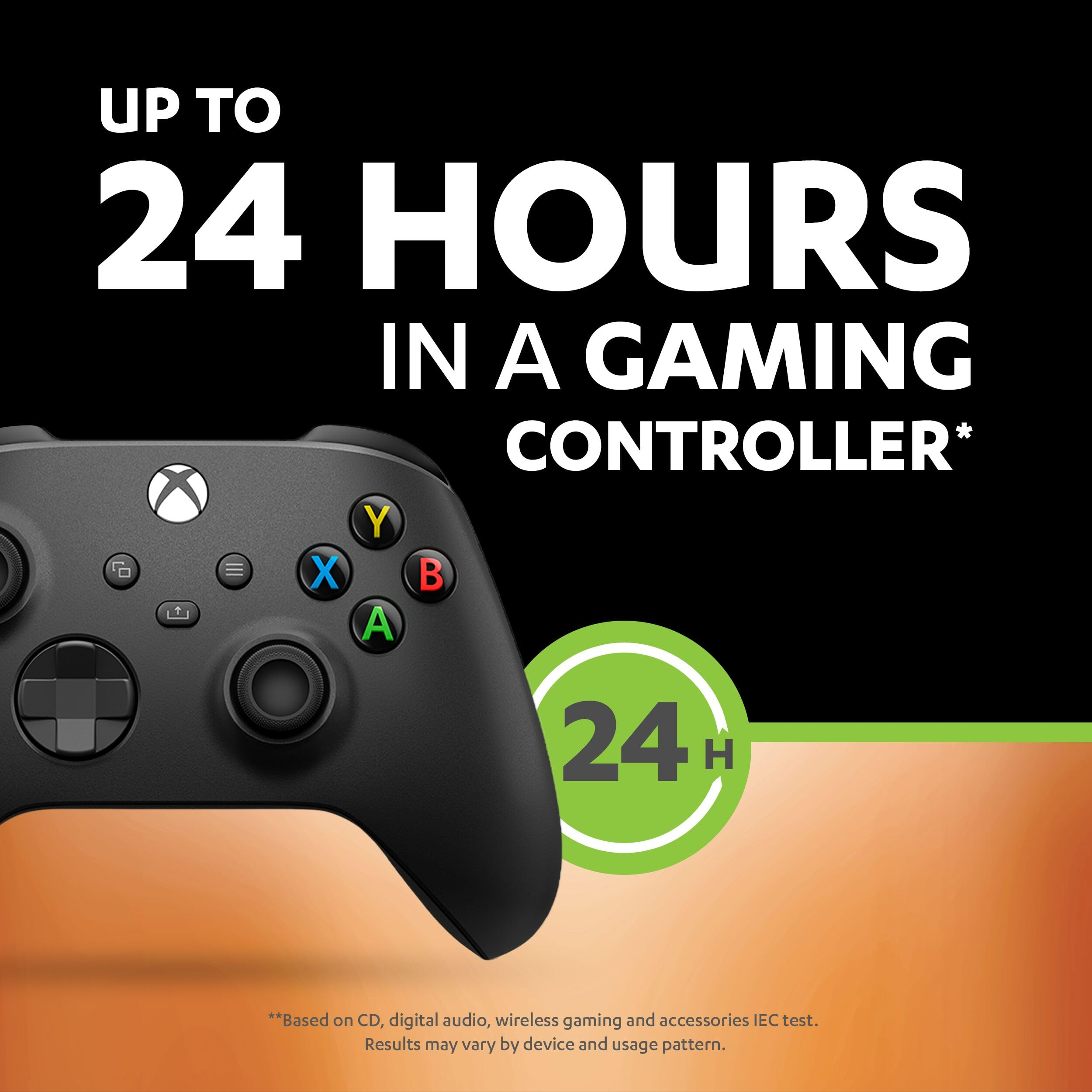 Zwarte Xbox-controller met gekleurde knoppen. Tekst: Tot 24 uur in een gamecontroller. Groene cirkel met 24H.