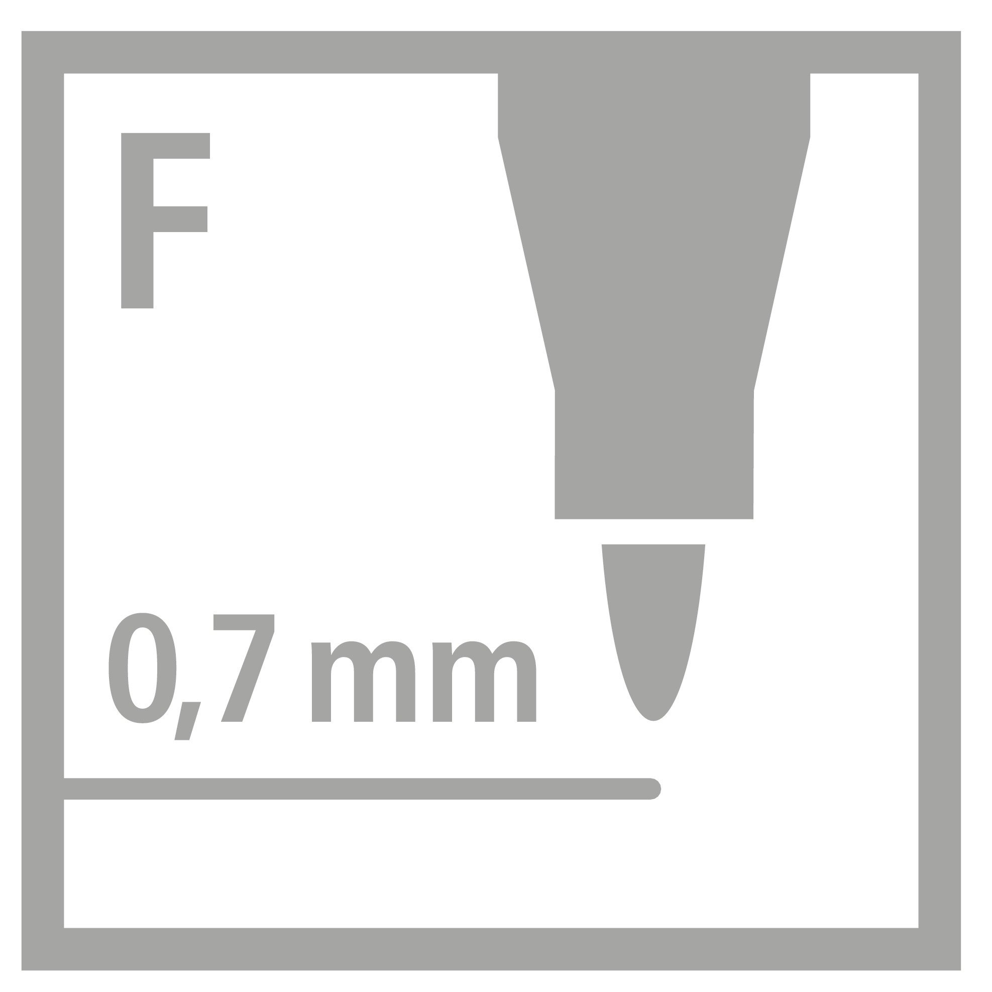Ein graues Stiftspitzensymbol mit dem Buchstaben 'F' darüber und '0,7 mm' darunter, in einem grauen quadratischen Rahmen.