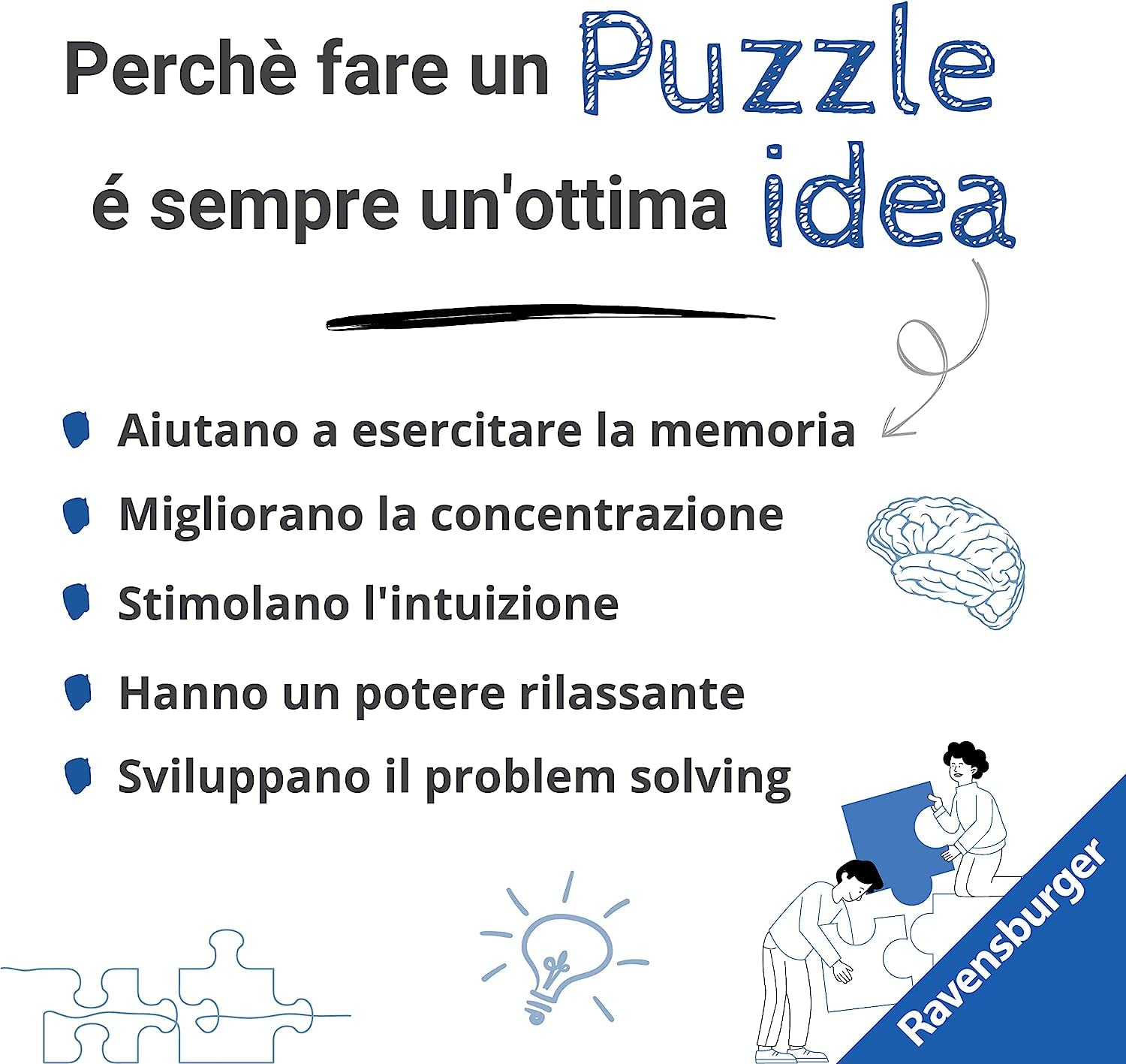 Obraz z tekstem: Dlaczego warto układać puzzle, to zawsze świetny pomysł. Korzyści to pamięć, koncentracja, intuicja, relaks i rozwiązywanie problemów.
