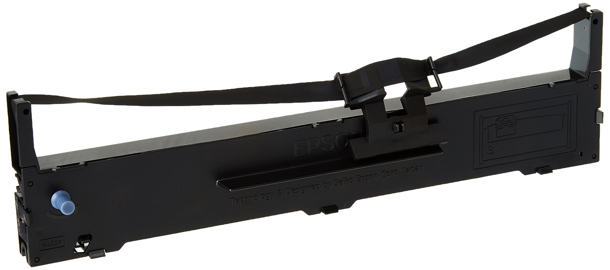 Czarny wkład z taśmą do drukarki Epson. Ma czarną taśmę, niebieskie pokrętło i czarną ramkę z logo Epson.