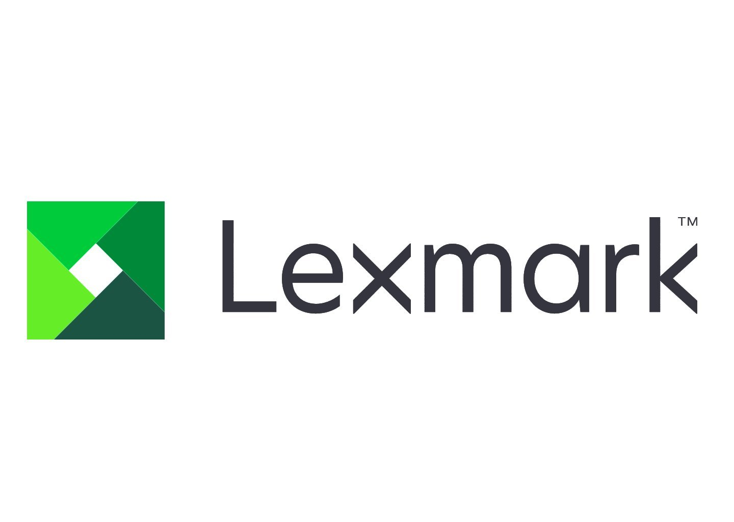 Logo Lexmark su bianco. A sinistra una forma geometrica verde e bianca. La parola Lexmark è grigio scuro.