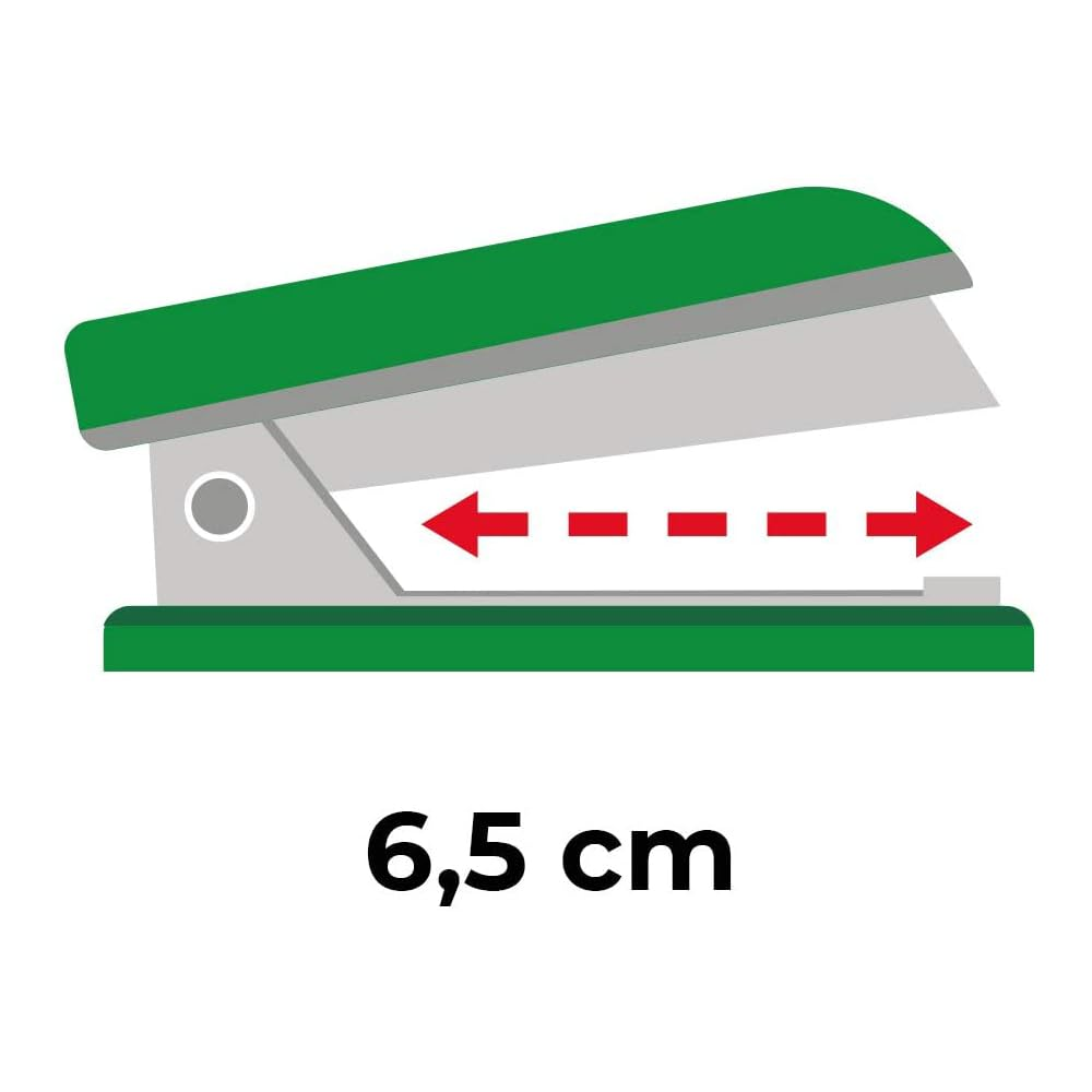 Ein grün-grauer Tacker mit Pfeilen, die seinen Heftbereich angeben. Darunter steht '6,5 cm'.