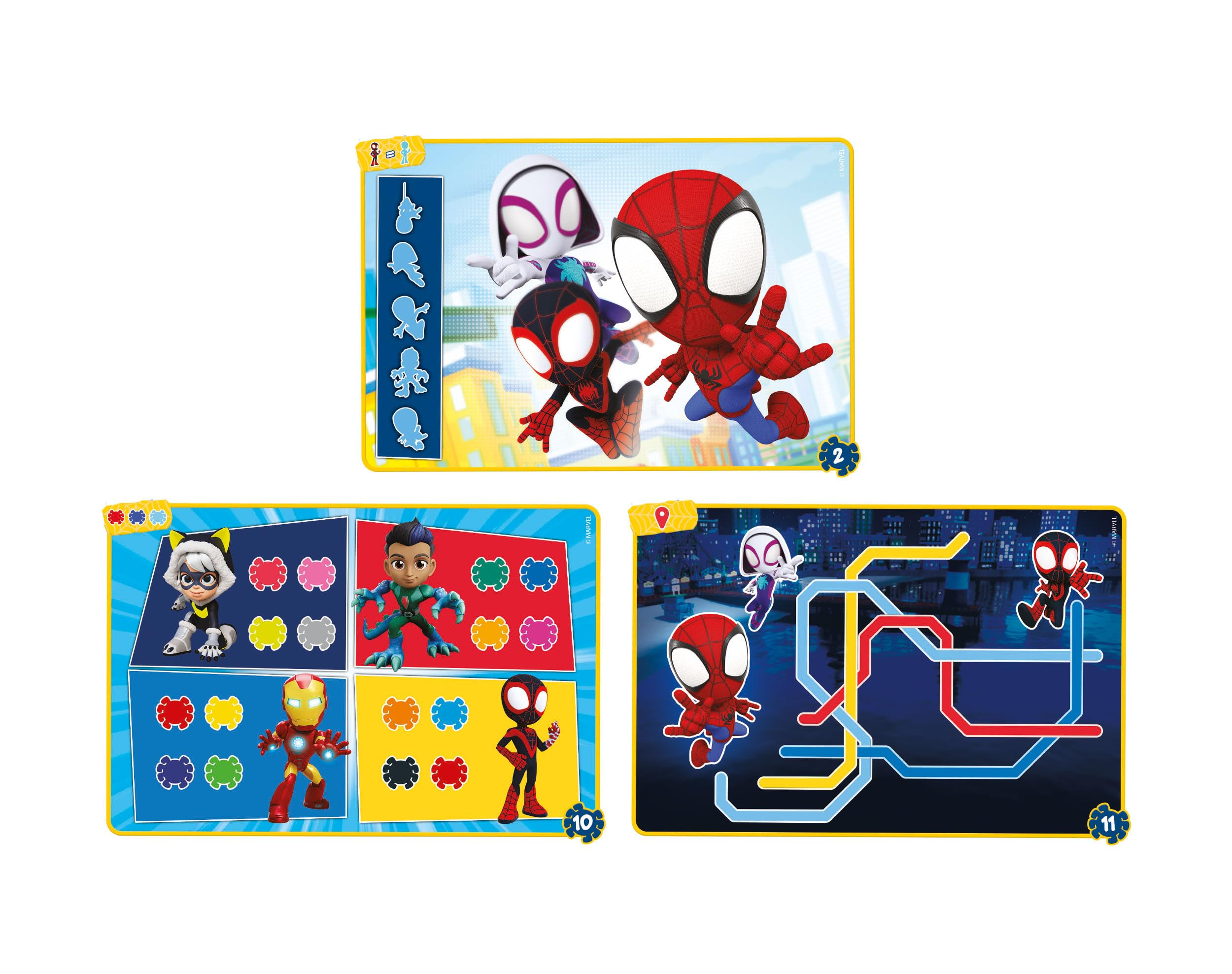 Drei Spider-Man-Spielkarten. Jede Karte hat ein anderes Puzzle mit Spider-Man-Charakteren. Die Nummern 2, 10 und 11 sind sichtbar.