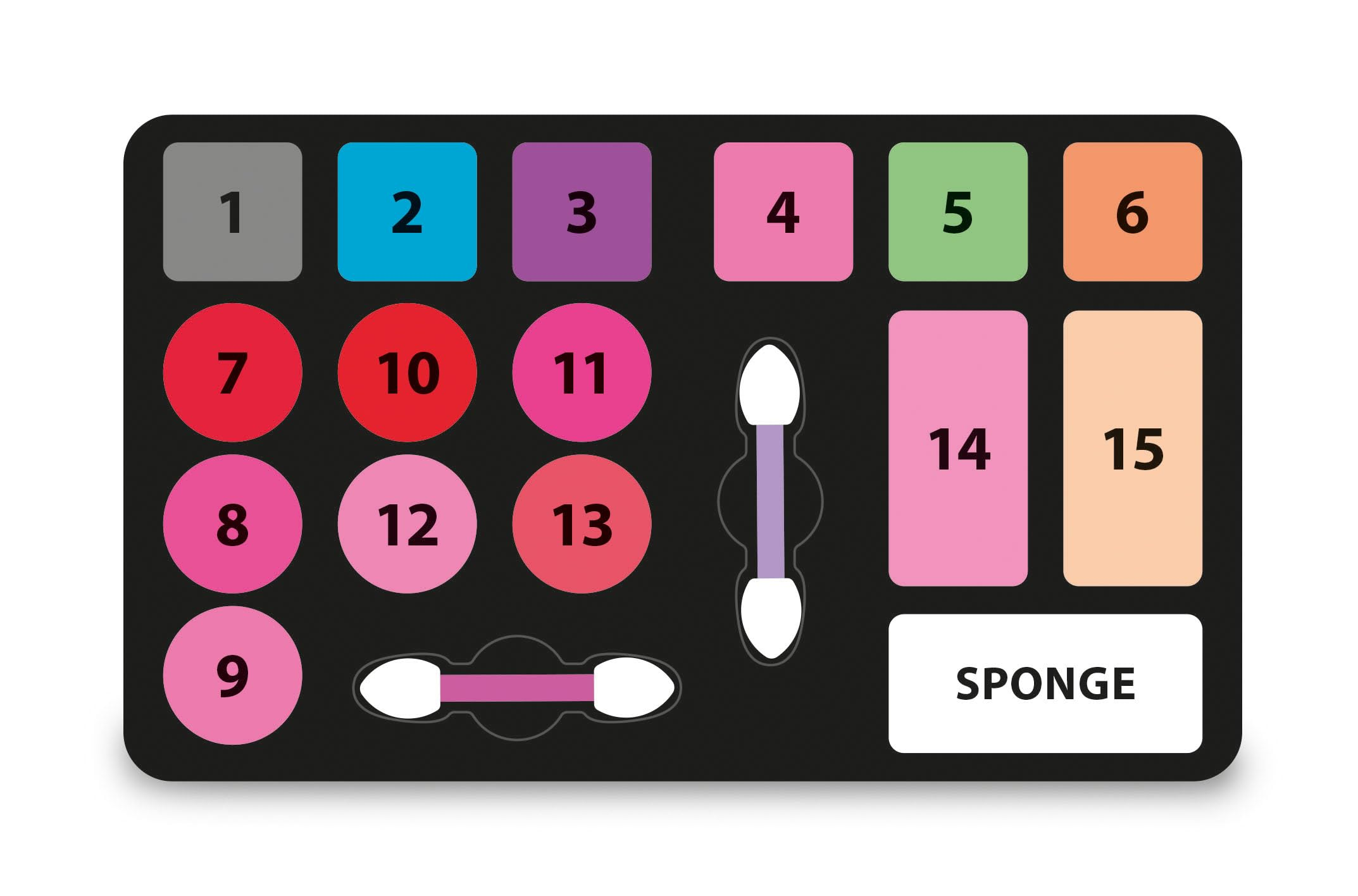 Palette di trucco con ombretti colorati e applicatori. Include quadrati e cerchi numerati con una spugna.