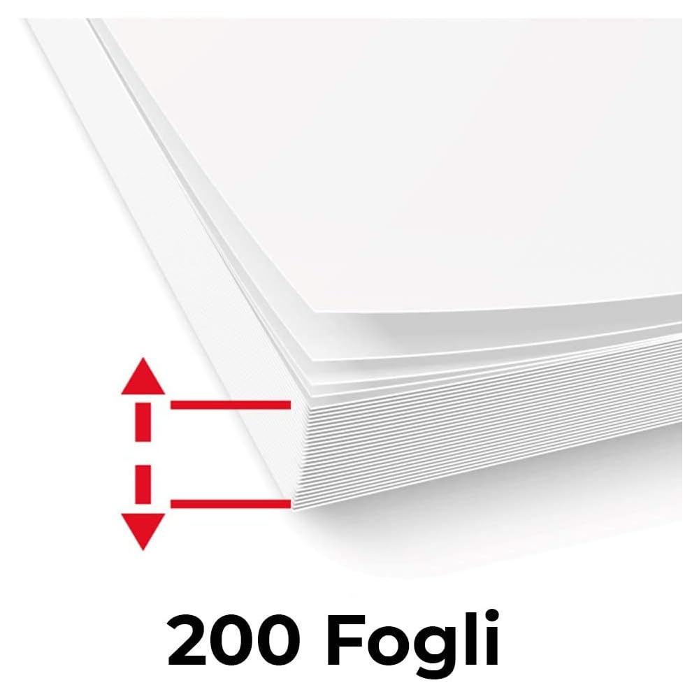 Ein Stapel weißes Papier mit rotem Pfeil, der die Dicke anzeigt. Text: '200 Fogli'.