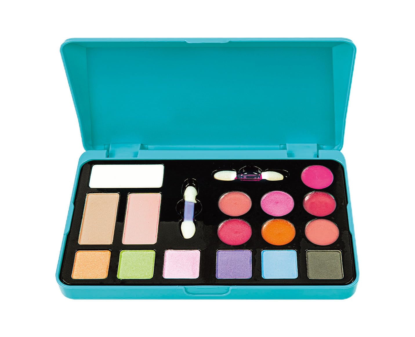 Un kit per il trucco turchese è aperto, rivelando ombretti e fard in vari colori. Include applicatori e uno specchio.