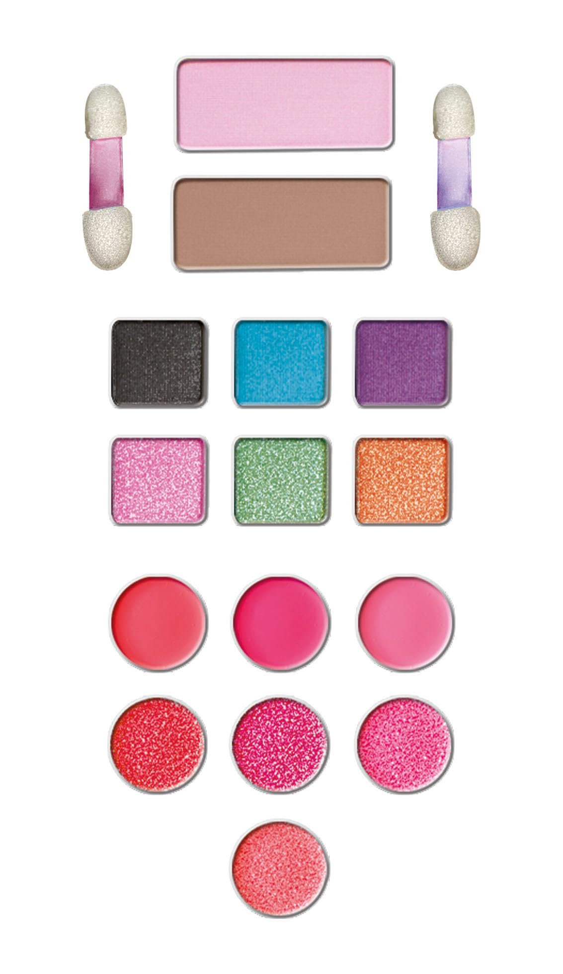 Palette di trucco con vari colori di ombretto e labbra. Include applicatori.