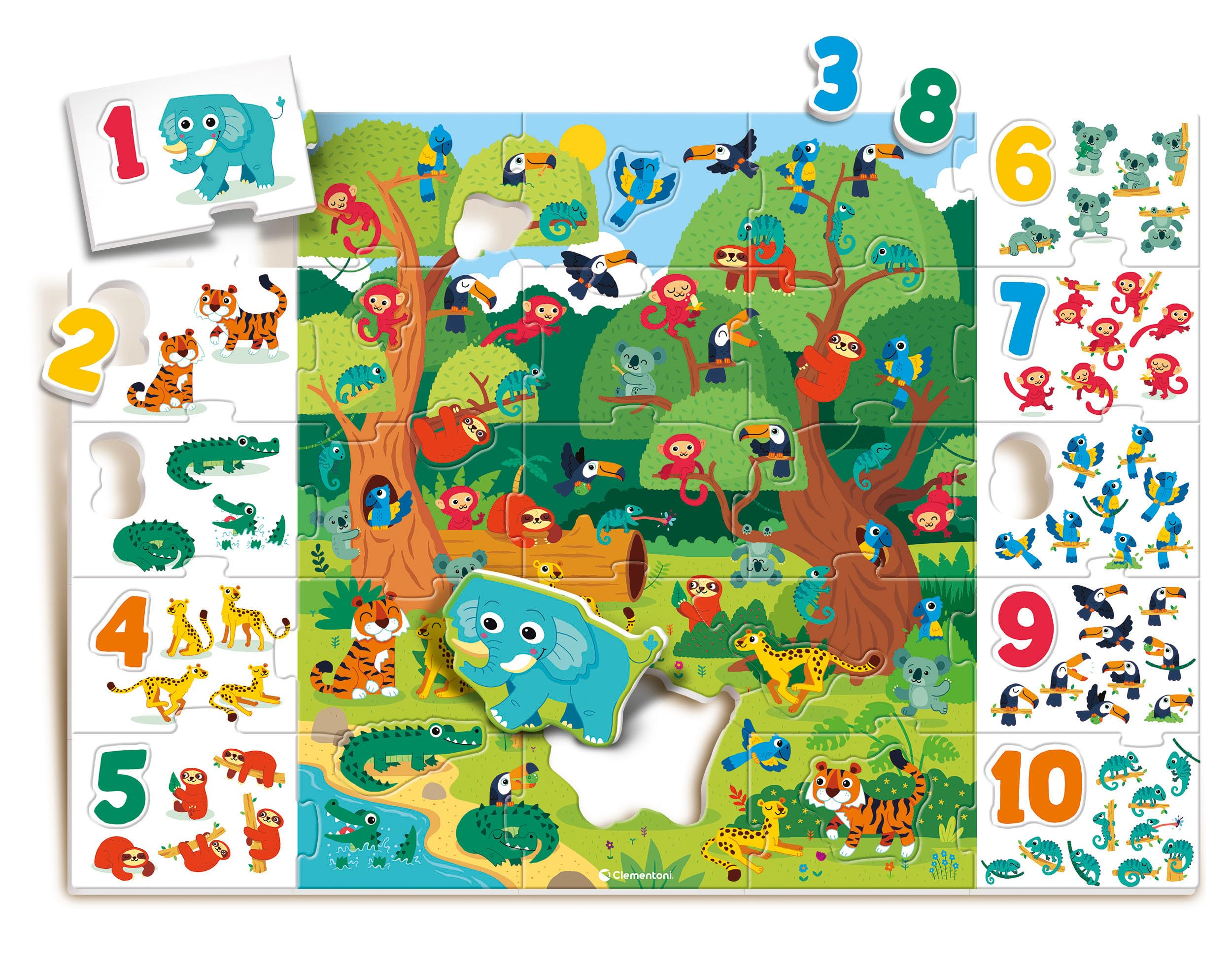 Kolorowa układanka ze zwierzętami i liczbami. Słoń, tygrys, małpy, tukany i inne w scenerii dżungli.