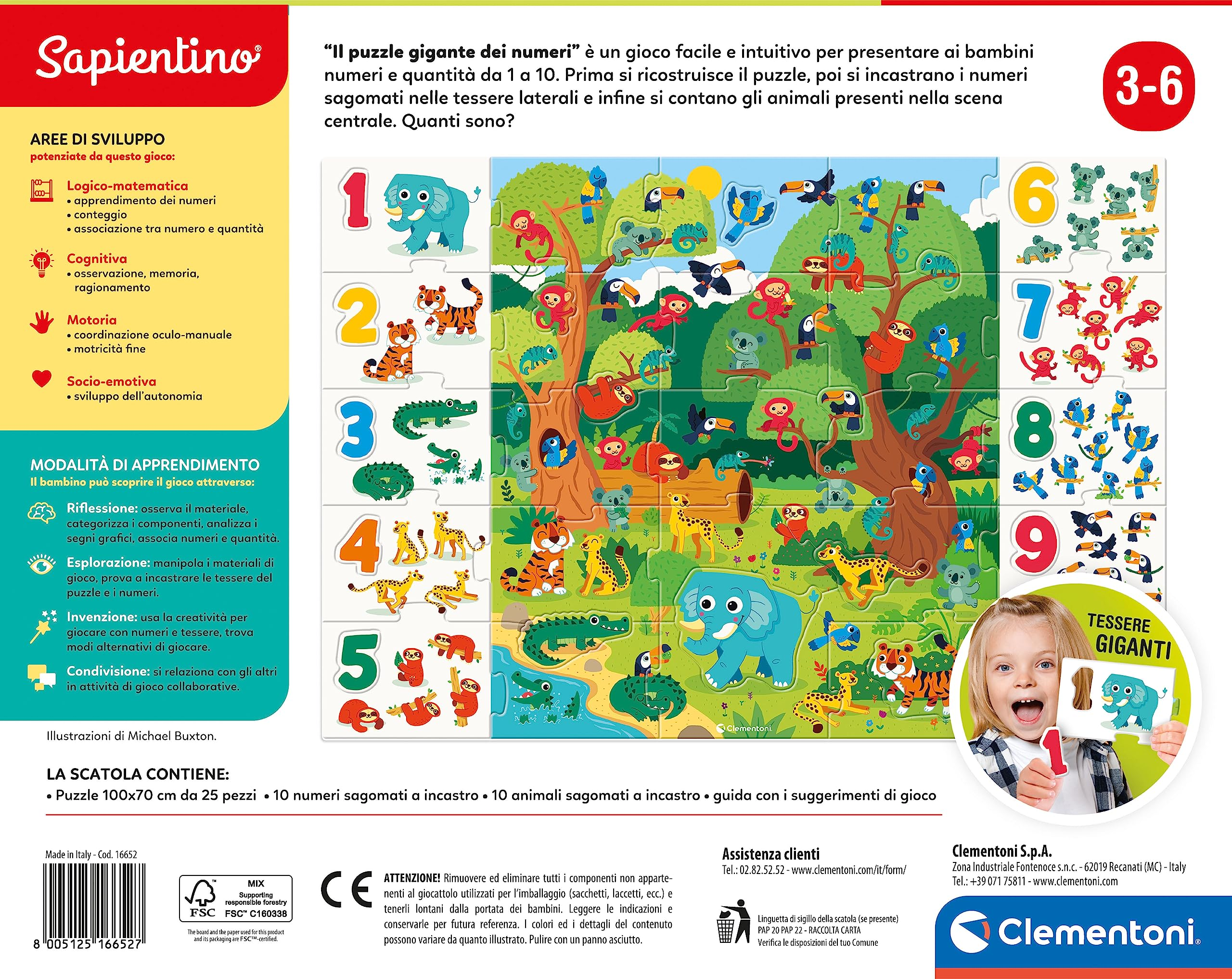 Kolorowa układanka z liczbami, zwierzętami i dzieckiem trzymającym element.