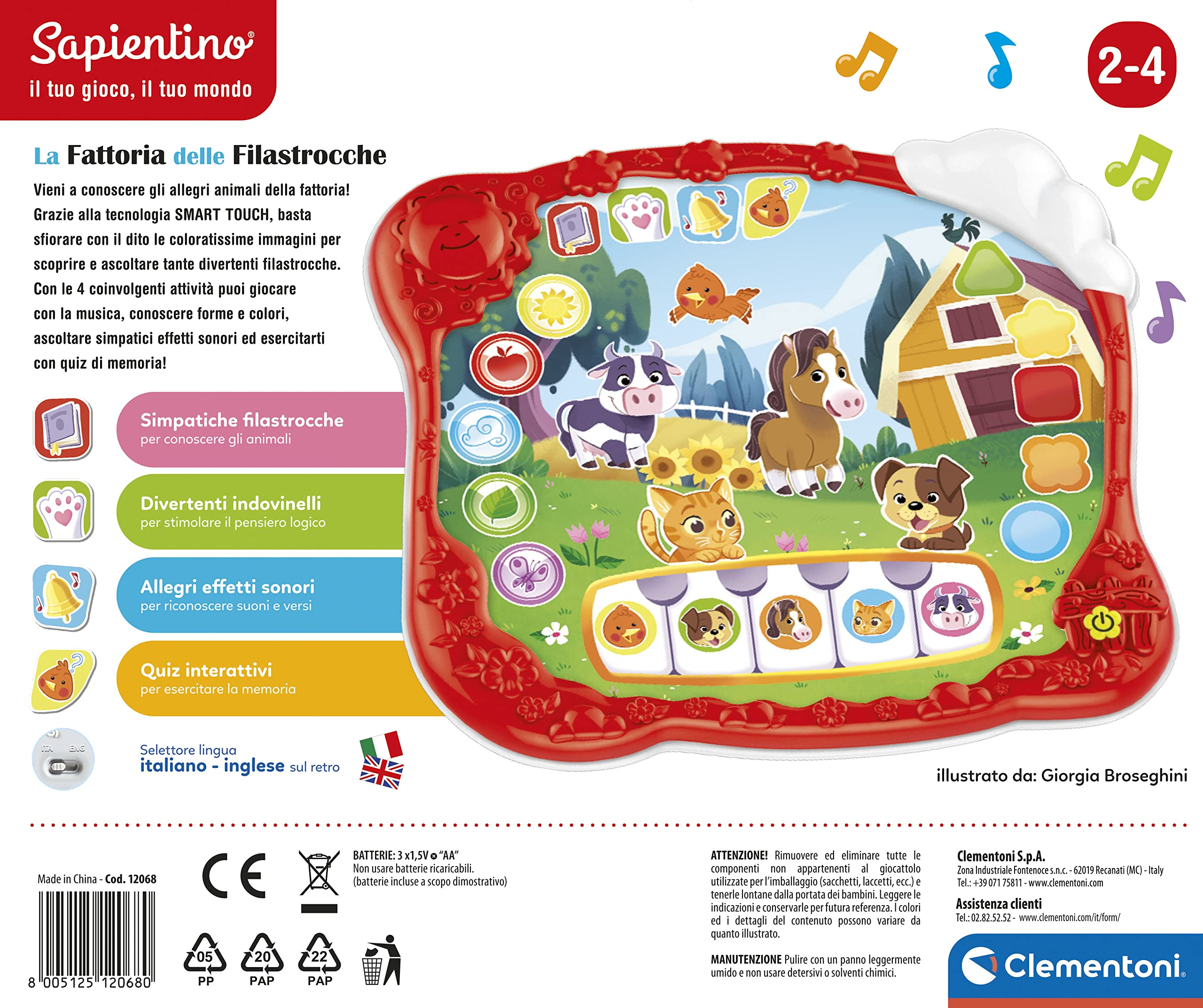 Rotes Spielzeug mit Bauernhoftieren, Knöpfen und einer klavierartigen Tastatur. Es zeigt eine Kuh, ein Pferd, eine Katze und einen Hund.