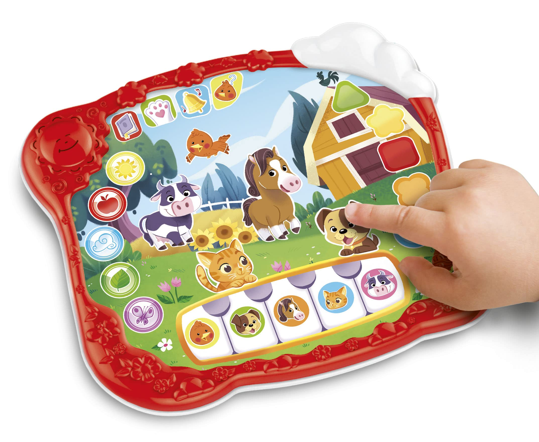 Kinderspielzeug mit Bauernhoftieren und einem Klavier. Eine Hand berührt den Welpen. Das Spielzeug ist rot mit einer lächelnden Sonne.