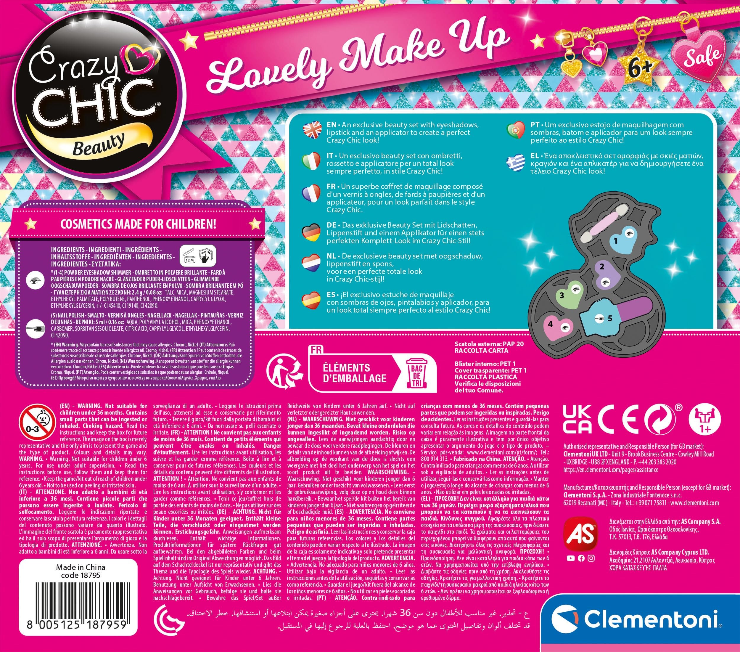Make-up-Kit-Box mit Logo und Text. Enthält Lidschatten, Nagellack und Applikator.