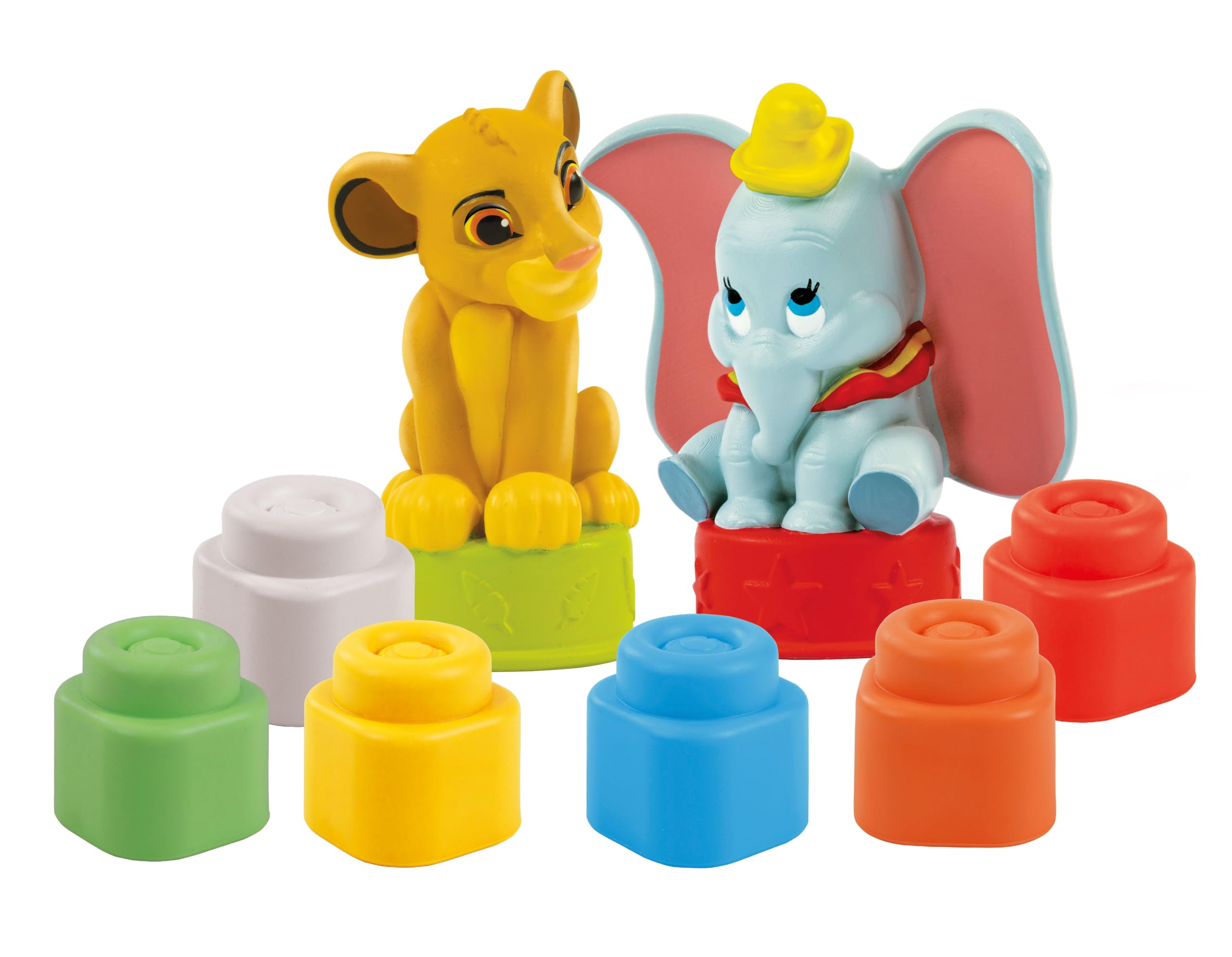 Obrazek przedstawia zabawki Simba i Dumbo z kolorowymi klockami. Simba jest żółty, Dumbo jest niebieski. Klocki są w różnych kolorach.