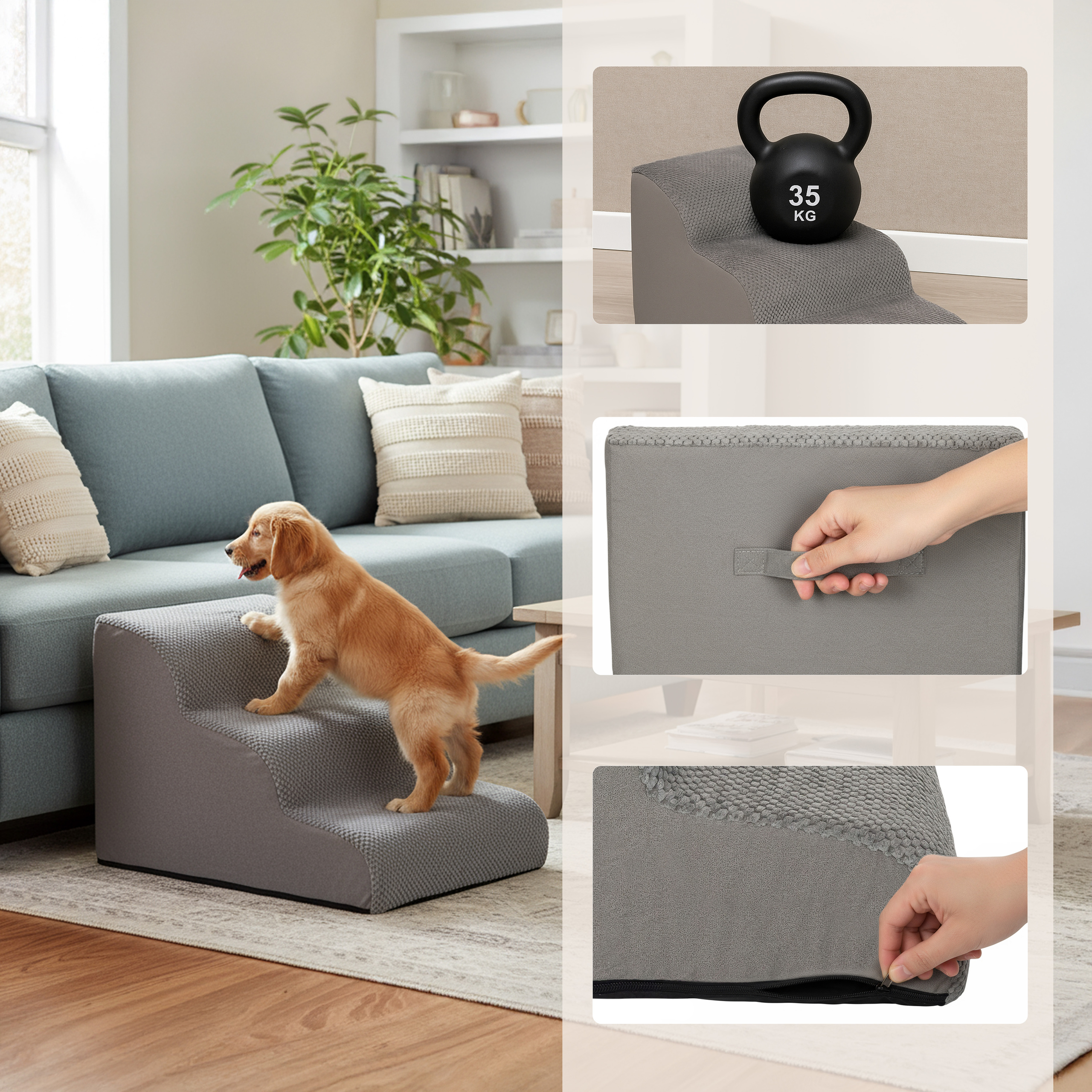 Ein goldener Retriever-Welpe klettert eine graue Haustiertreppe hoch. Details umfassen eine Couch, einen Teppich und Produktdetails.