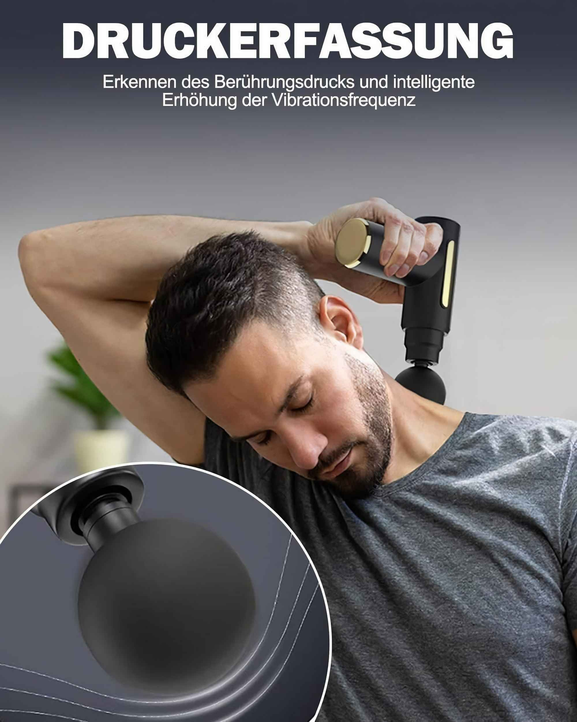 Ein Mann benutzt eine schwarze Massagepistole an seinem Nacken. Das Gerät hat ein goldenes Ende. Nahaufnahme.