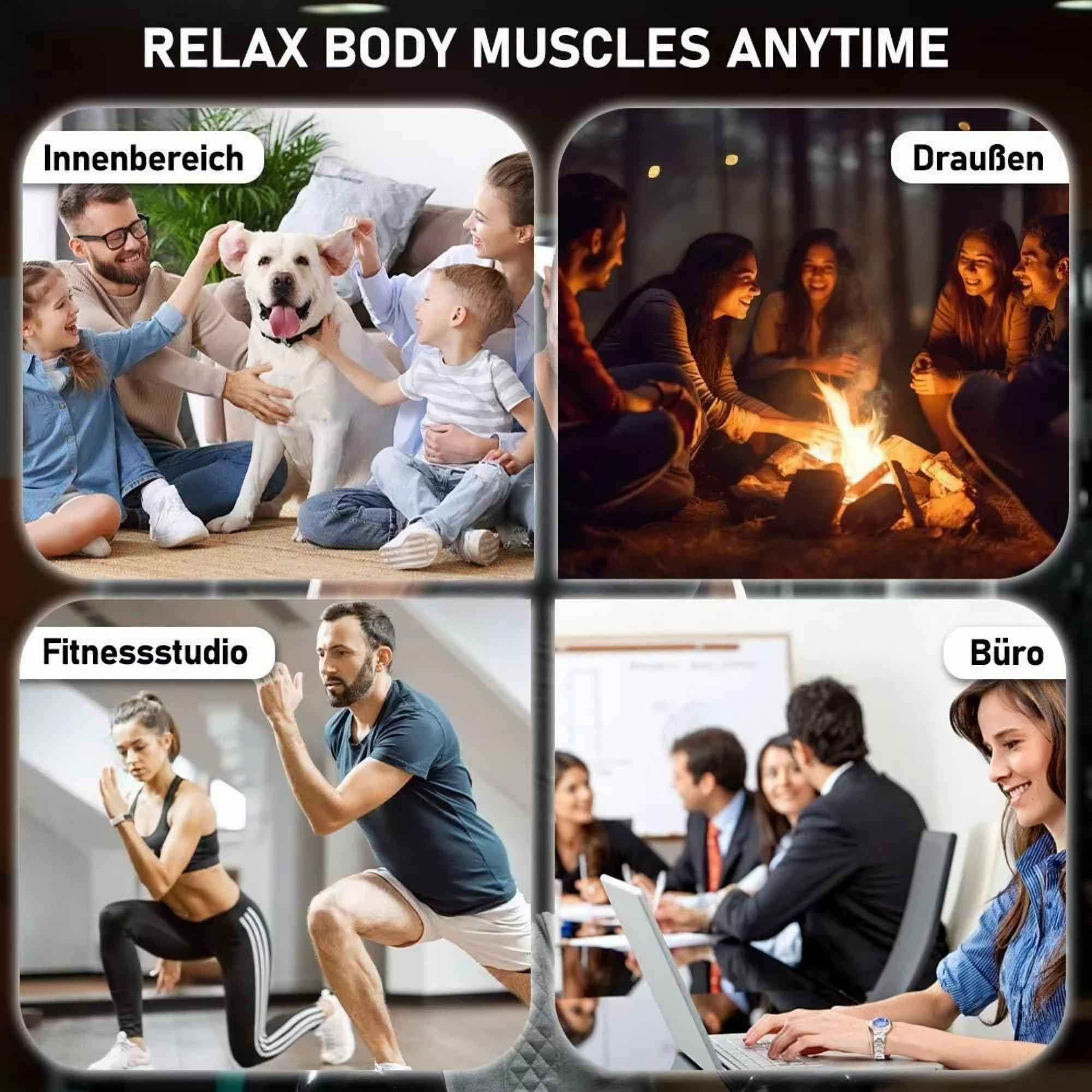 Das Bild zeigt eine Familie mit Hund, Menschen am Feuer, Menschen im Fitnessstudio und Menschen im Büro.