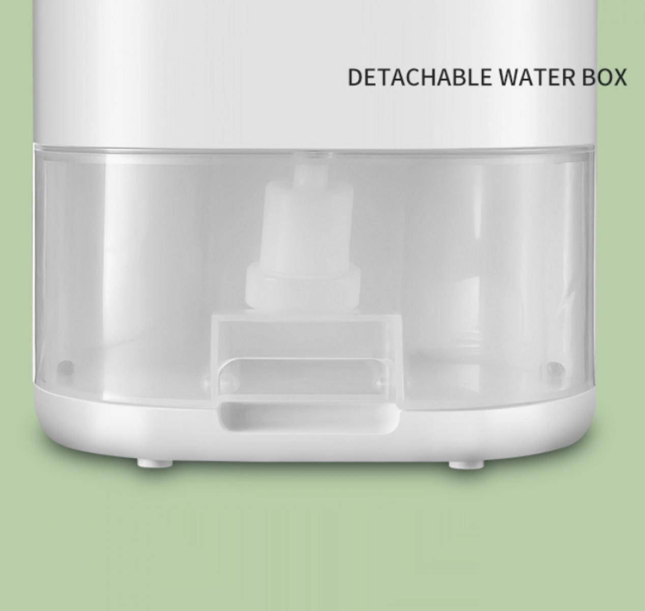 Eine weiße, abnehmbare Wasserbox mit einem transparenten Wassertank. Der Hintergrund ist hellgrün.