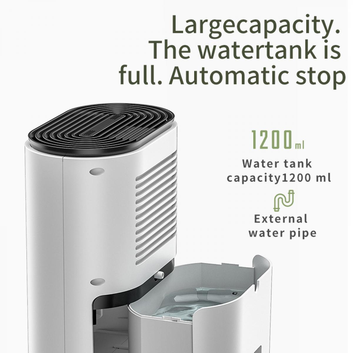 Weißer Luftreiniger mit schwarzer Oberseite und Wassertank, Text lautet 'Große Kapazität. Der Wassertank ist voll. Automatischer Stopp'.