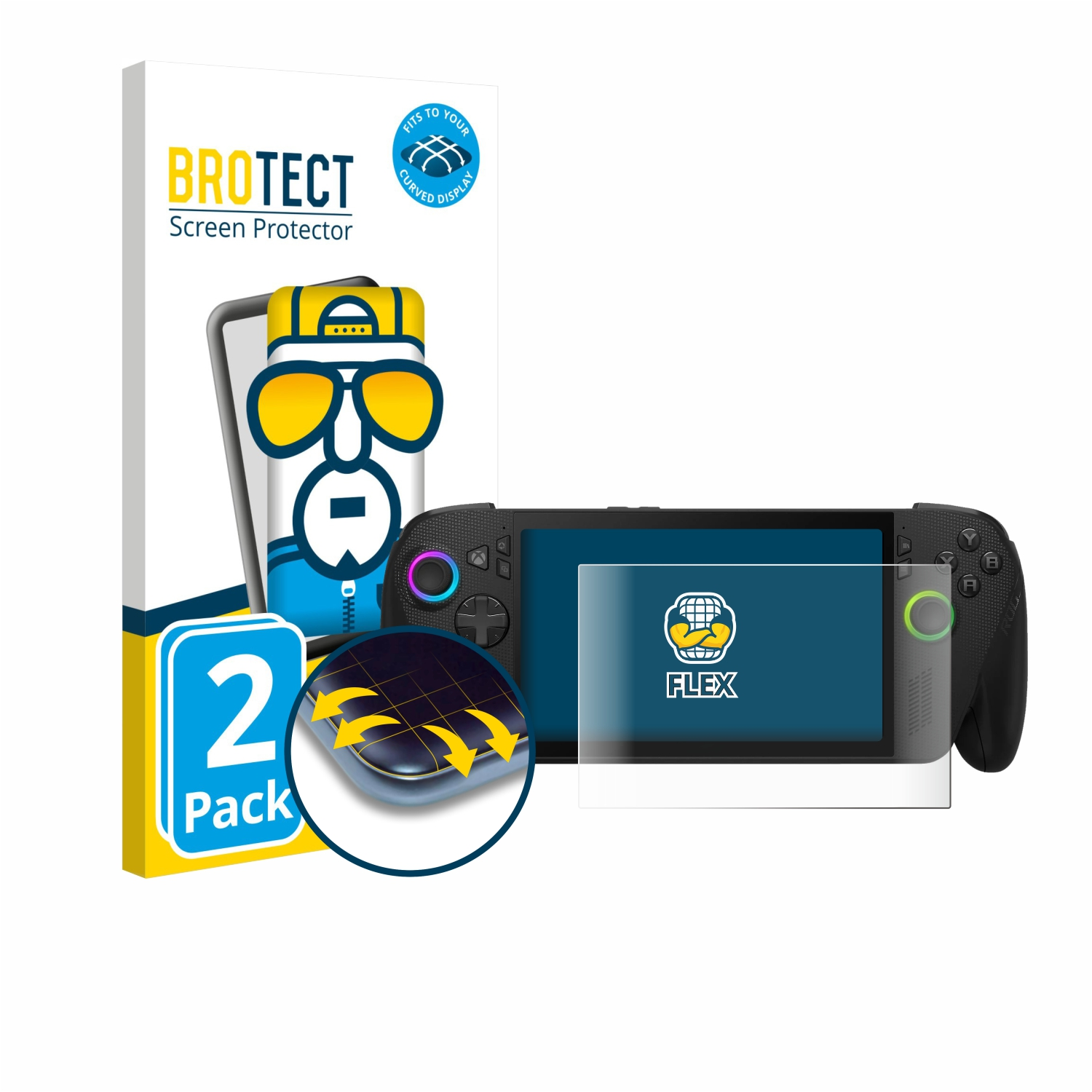 Eine Displayschutzfolienbox mit einem Cartoon und einem Handheld-Spielgerät mit aufgebrachter Displayschutzfolie. Aufschrift 'FLEX'.