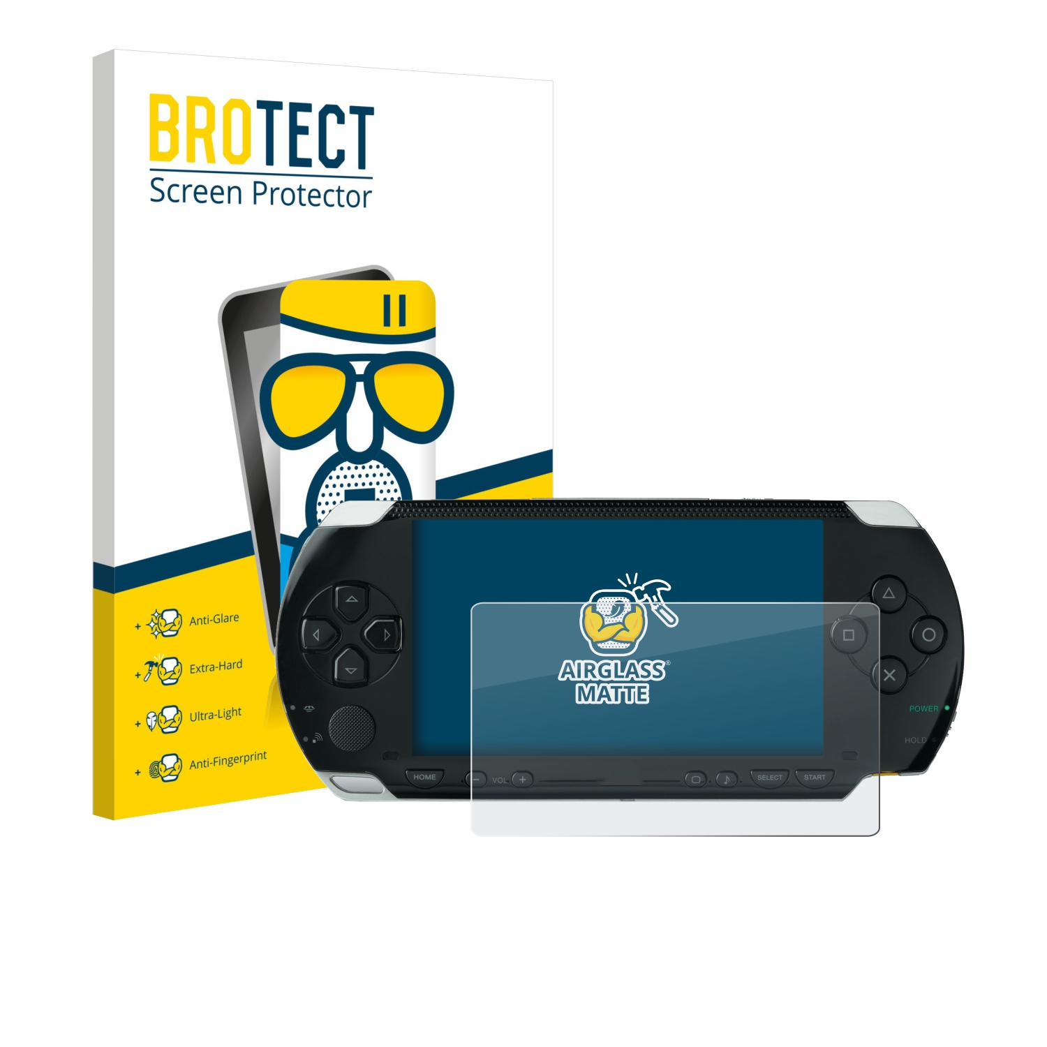 Eine Displayschutzfolien-Box mit einer PSP-Konsole und einem Schutz auf ihrem Bildschirm. Auf der Box steht BROTECT Screen Protector.