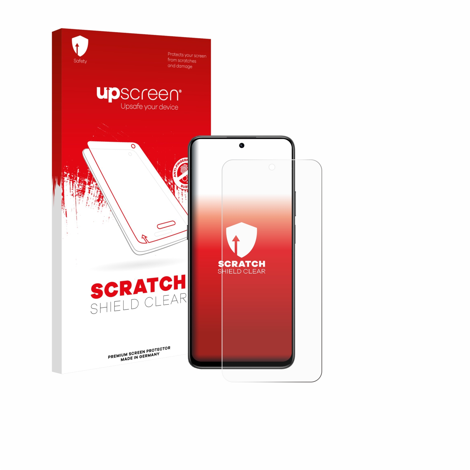 Ein Telefon und ein Displayschutz sind abgebildet. Die Schutzbox ist rot und weiß und trägt den Markennamen 'upscreen'.