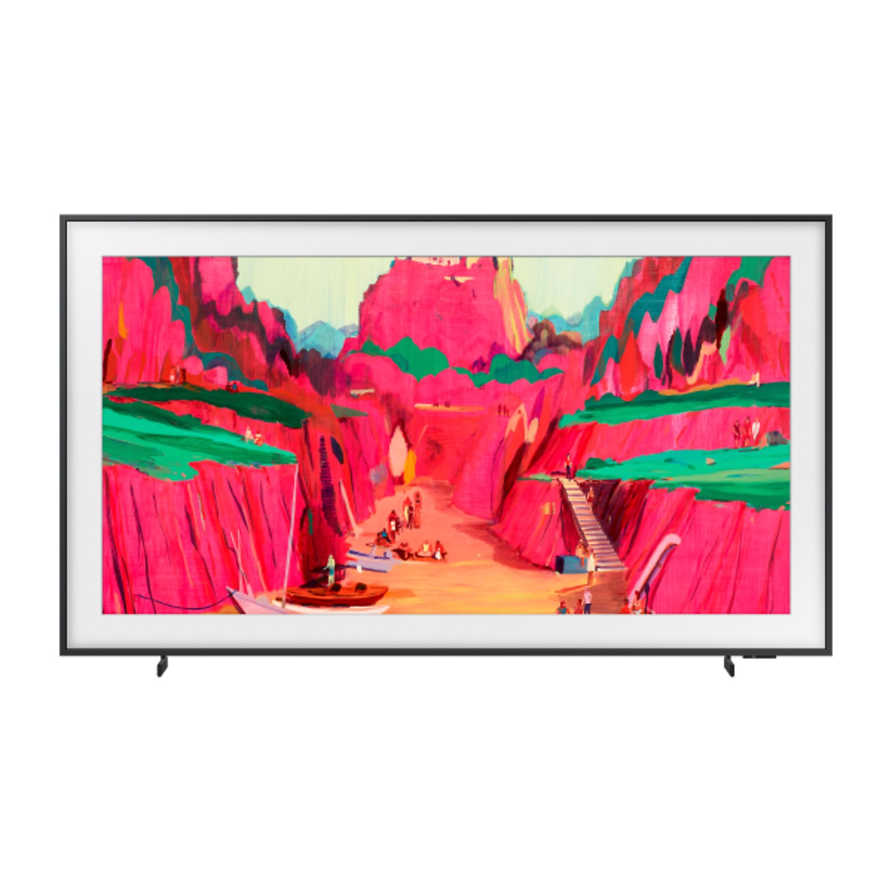 TV ekranında resim: pembe dağlar, yeşil yamalar, insanlar, tekneler ve bir merdiven. TV'nin siyah çerçevesi ve ayakları var.