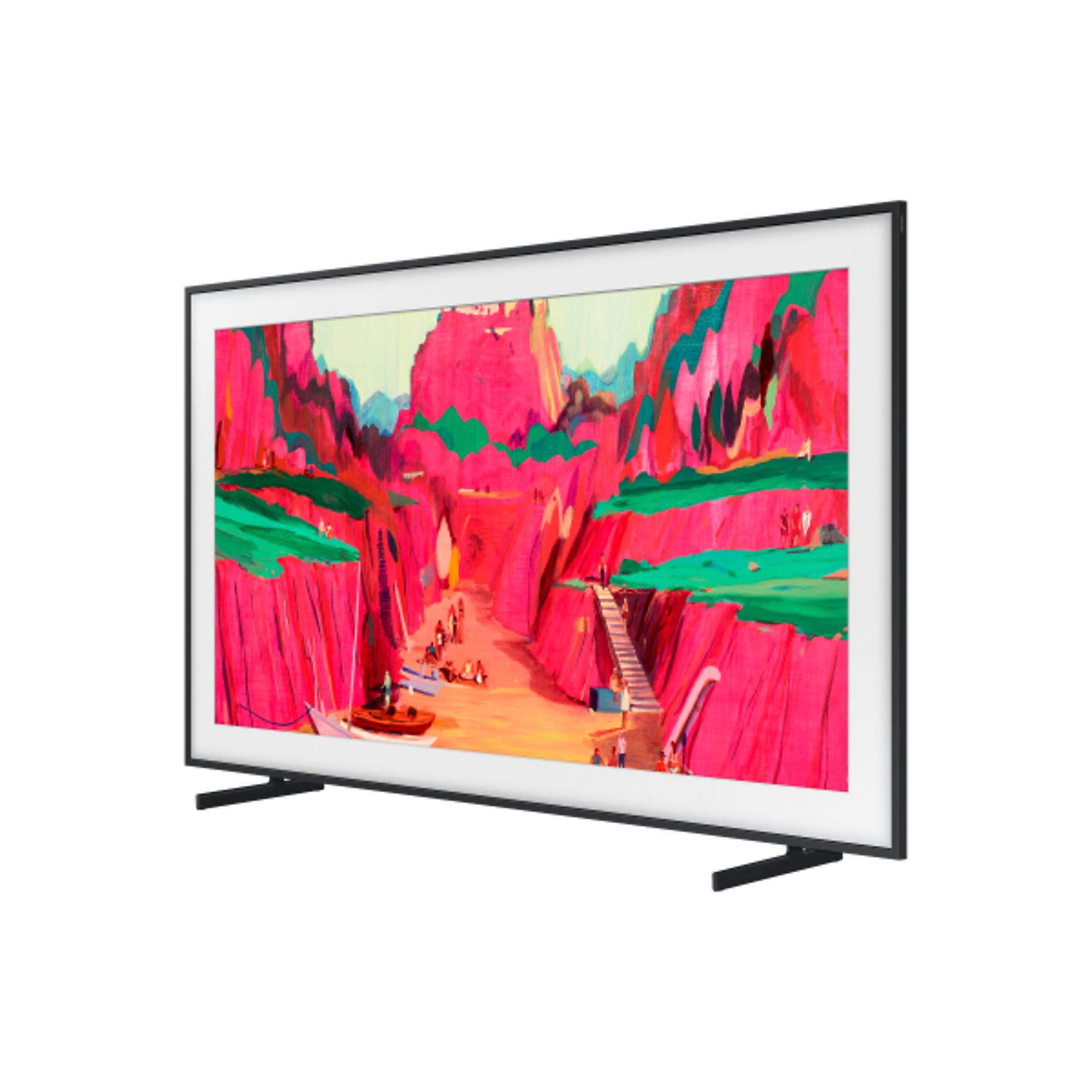 Bir TV, bir manzara resmi görüntülüyor. Pembe dağlar ve yeşil alanlar görülebilir. TV siyah renkte ve iki ayak üzerinde duruyor.