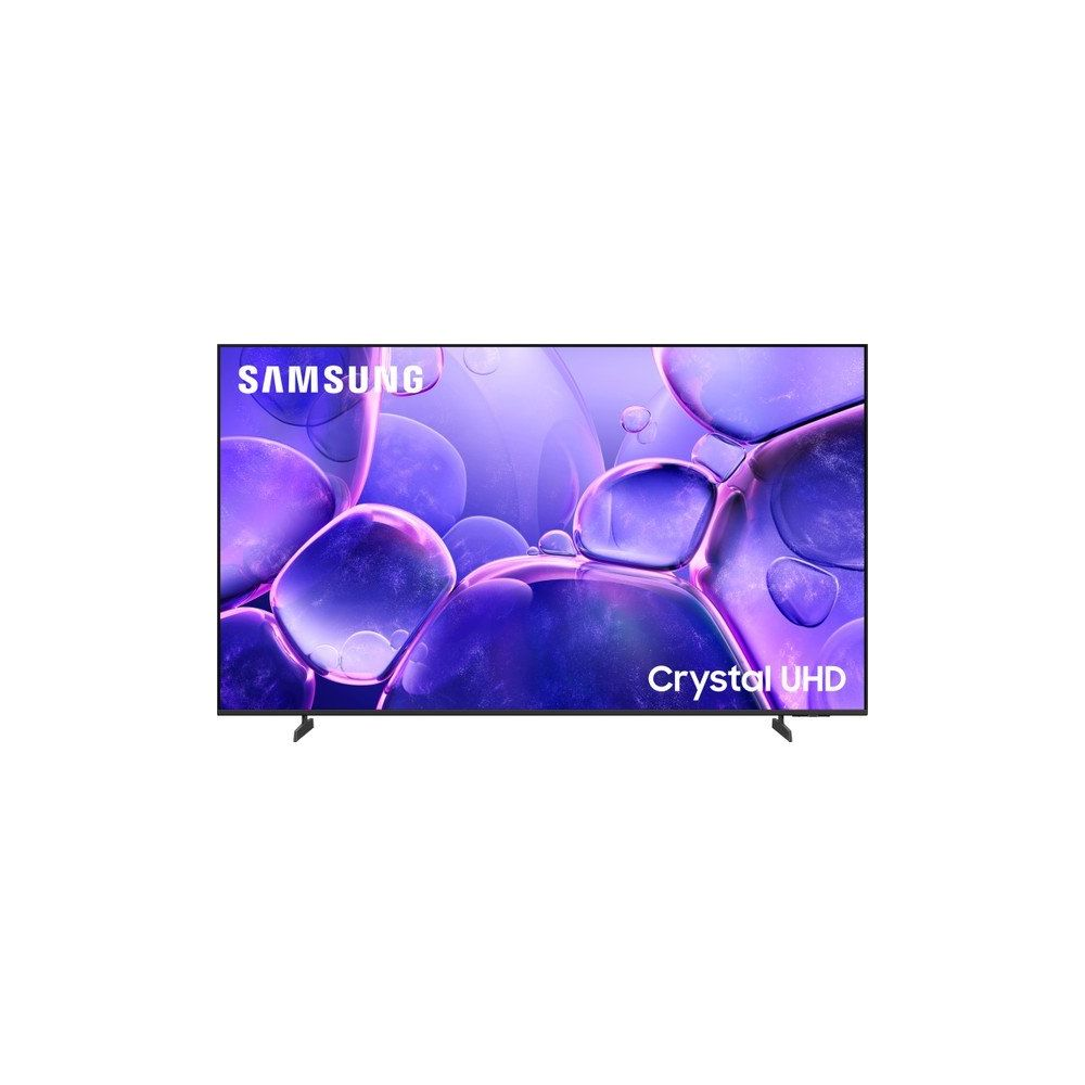 Bir Samsung Crystal UHD TV, mor baloncuk benzeri bir tasarım sergiliyor. Logo ve 'Crystal UHD' metni görünür.