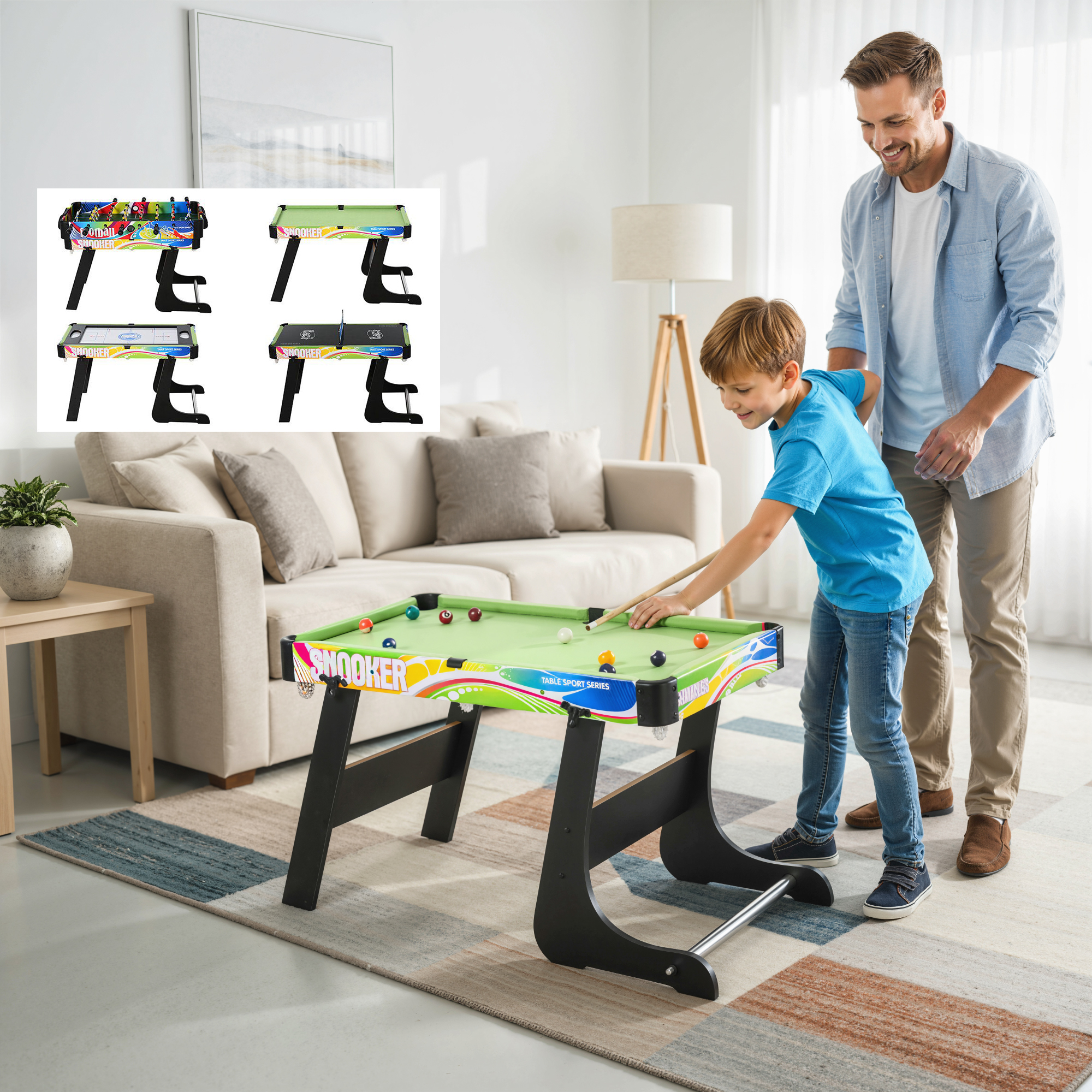 Un bambino gioca a biliardo con un adulto che guarda. Un tavolo da biliardo è di fronte a loro. Vengono mostrati diversi altri tavoli da gioco.