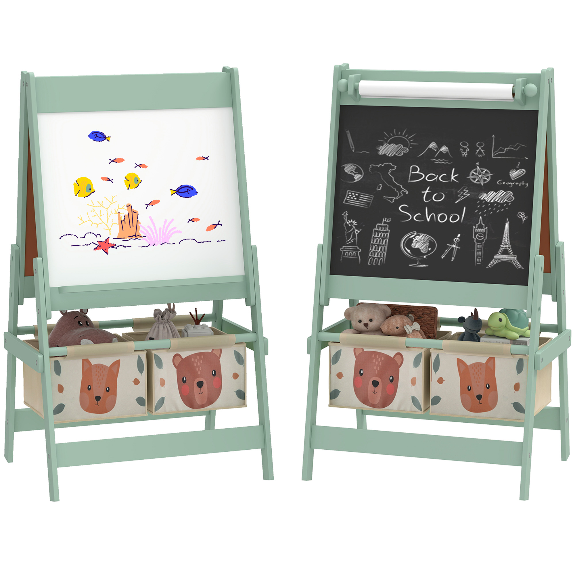 Due cavalletti verdi. Uno ha un disegno di pesci e coralli, l'altro ha 'Back to School'. I giocattoli sono riposti sotto.