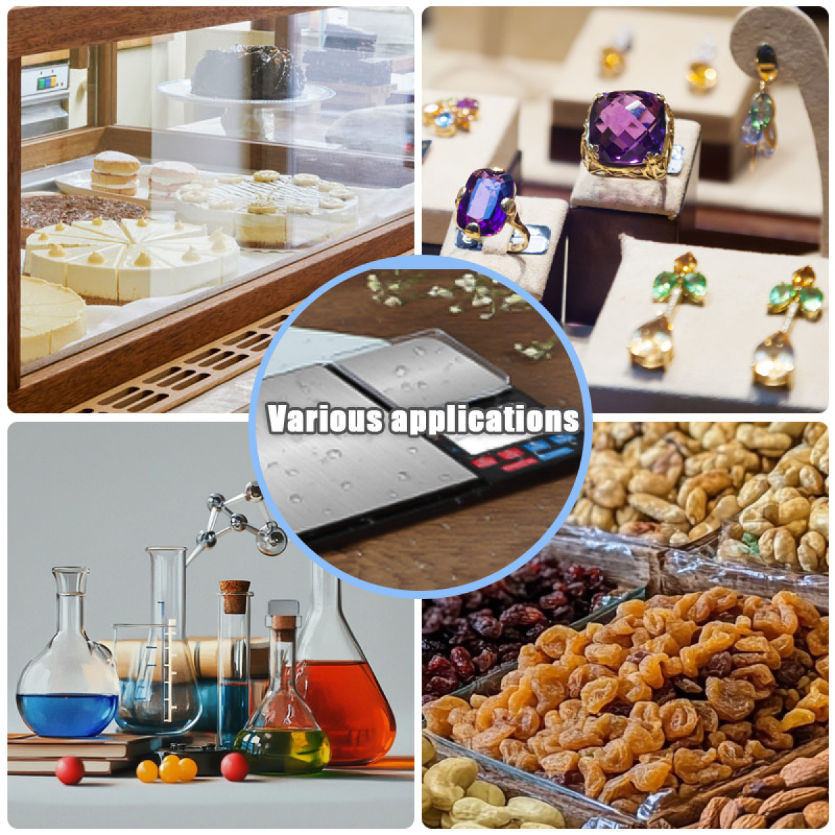 Obraz przedstawia kolaż: ciasta w witrynie, biżuterię, kolby laboratoryjne, suszone owoce i wagę z tekstem.