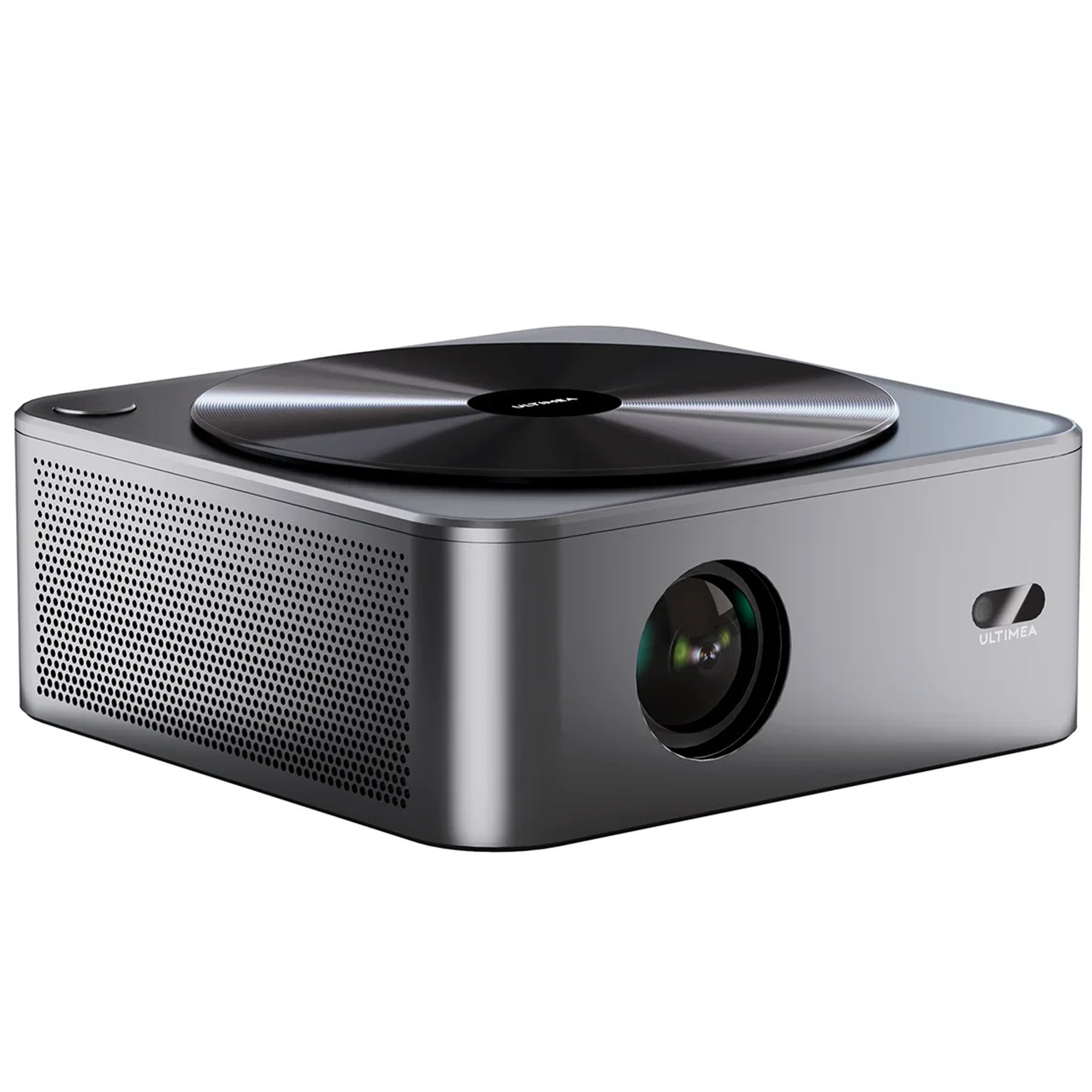 Srebrny projektor z okrągłym wierzchem i obiektywem. Z boku znajduje się kratka głośnika i napis 'ULTIMEA'.