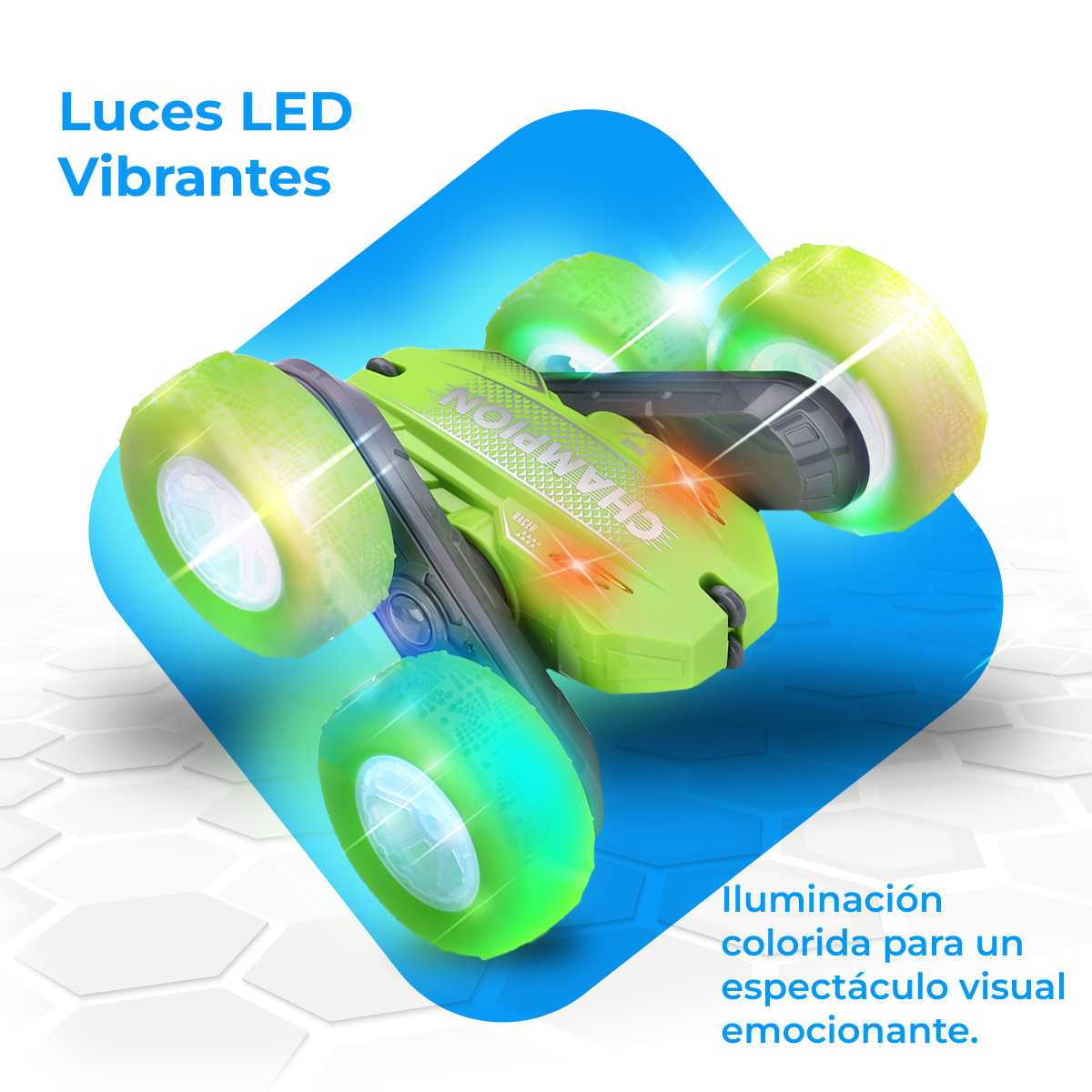 Coche de juguete verde con ruedas brillantes. El texto dice 'Luces LED Vibrantes' y 'Iluminación colorida para un espectáculo visual emocionante'.