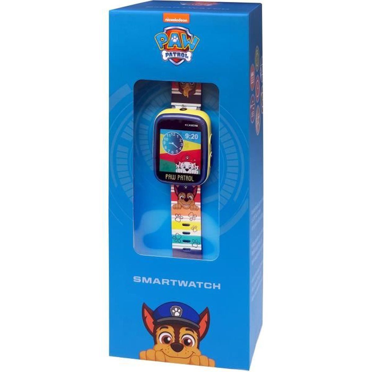 Un smartwatch de Paw Patrol en una caja azul. El reloj muestra la hora y personajes de Paw Patrol.