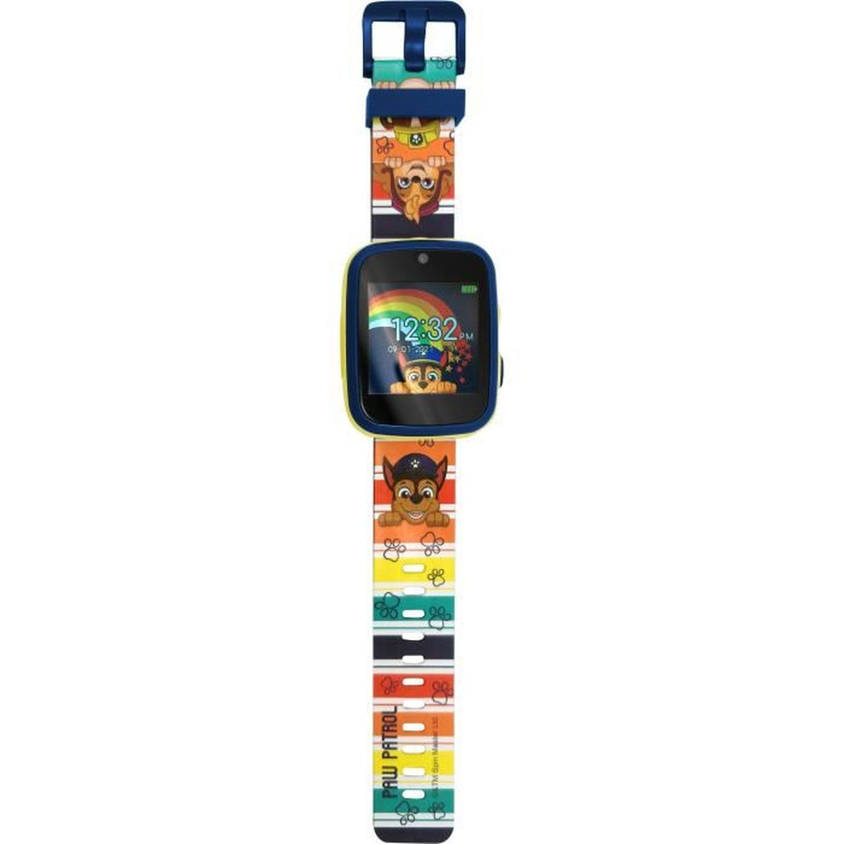 Un reloj inteligente de Paw Patrol. La esfera muestra la hora y un arcoíris. La correa tiene imágenes de personajes.
