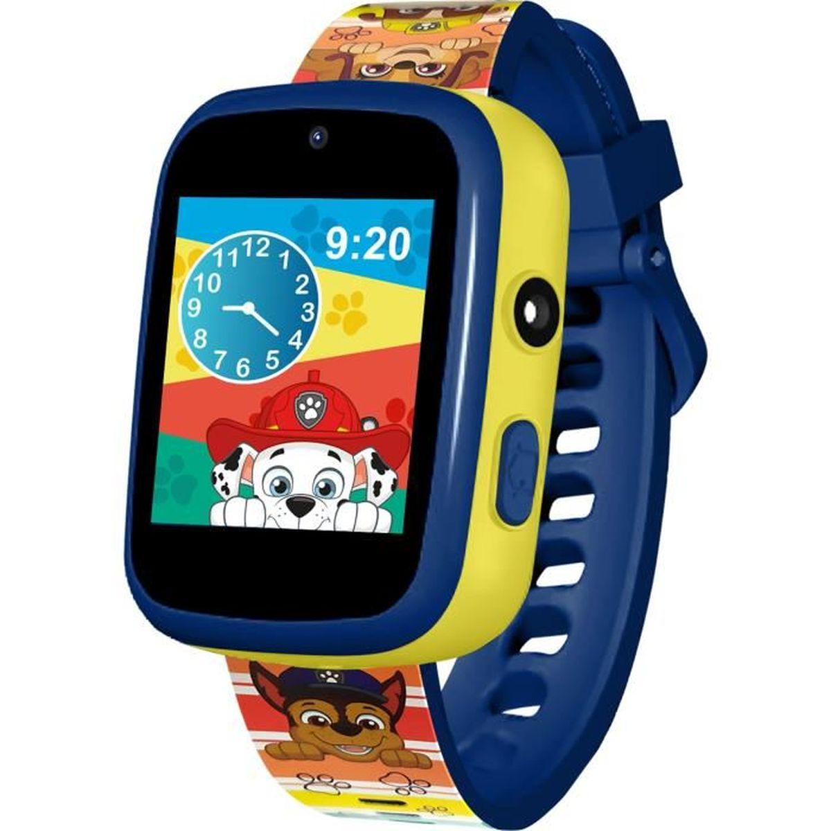 Un smartwatch de Paw Patrol con correa azul y carcasa amarilla. La pantalla muestra un reloj y un personaje de Paw Patrol.