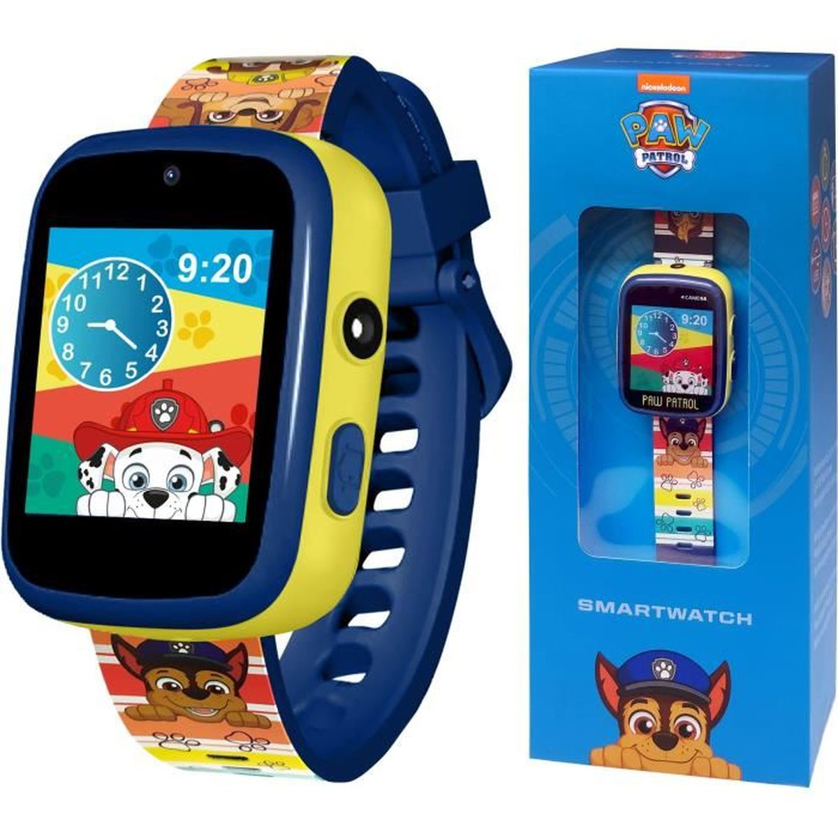 Un reloj inteligente de Paw Patrol con correa azul y carcasa amarilla. La pantalla muestra la hora y una imagen de Marshall. Hay una caja a la derecha.