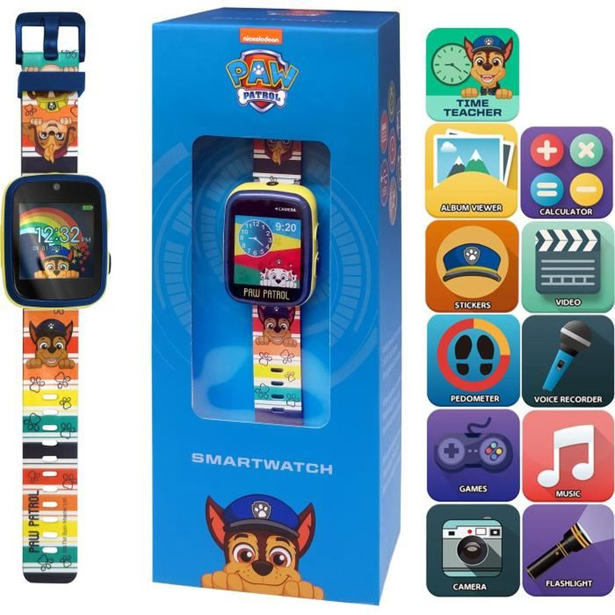 Un reloj inteligente de Paw Patrol se muestra en su caja. Muestra la hora y tiene iconos de aplicaciones para varias funciones.