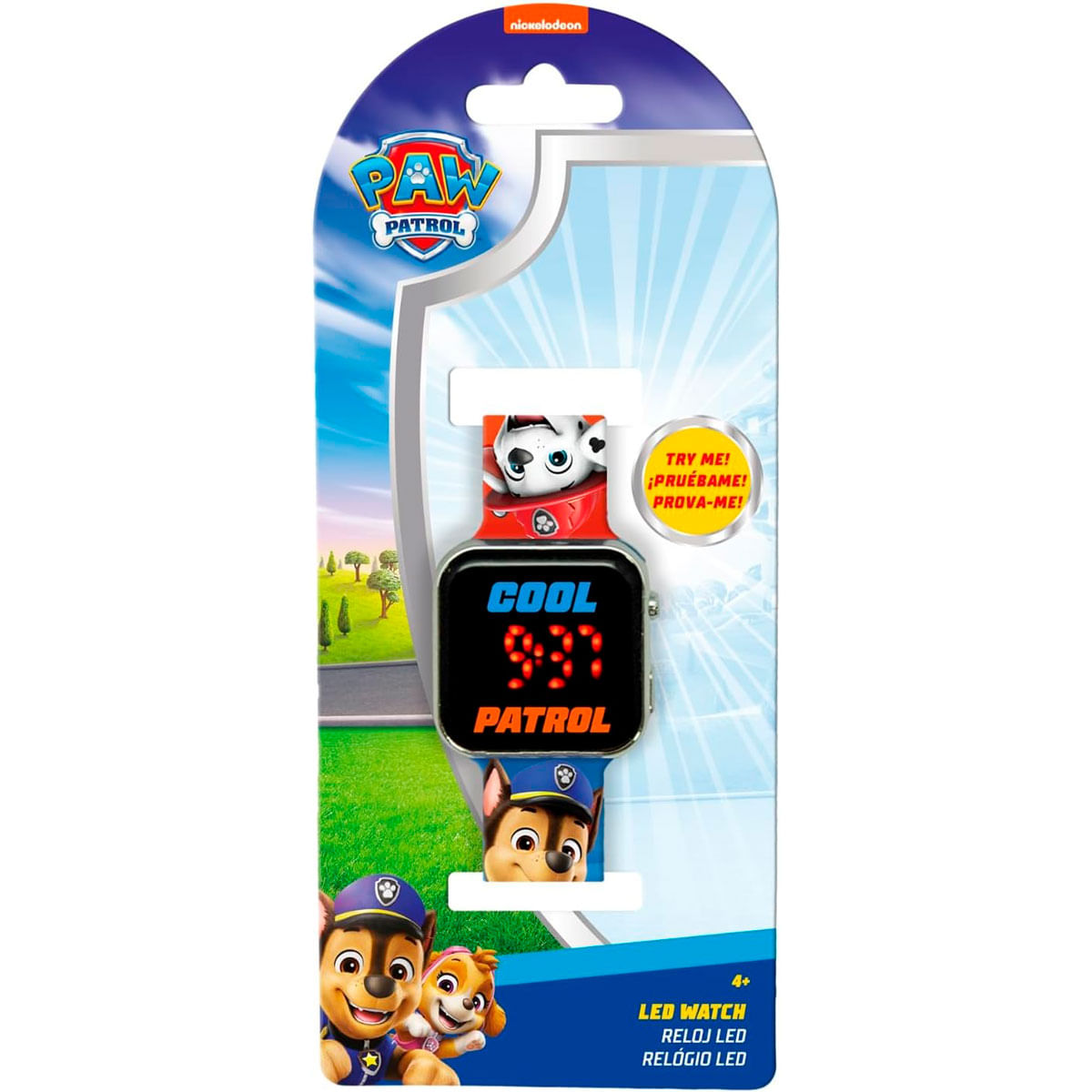 Un reloj LED de Paw Patrol. El reloj tiene una pantalla negra que muestra la hora. La correa tiene personajes de Paw Patrol.