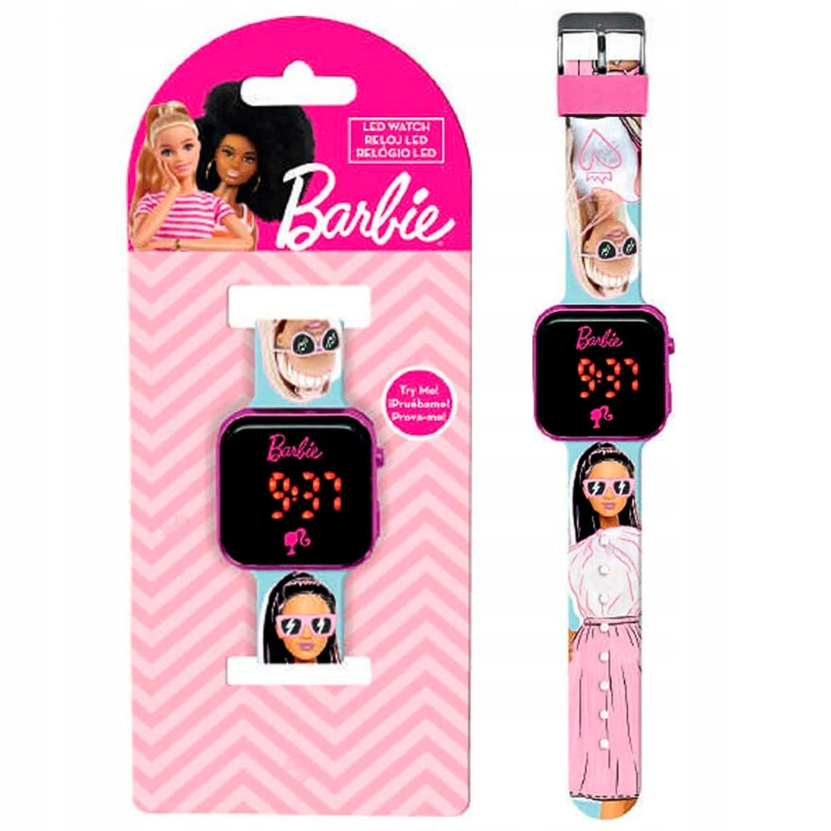Un orologio LED Barbie su sfondo rosa. L'orologio mostra l'ora. Il cinturino ha facce di Barbie.