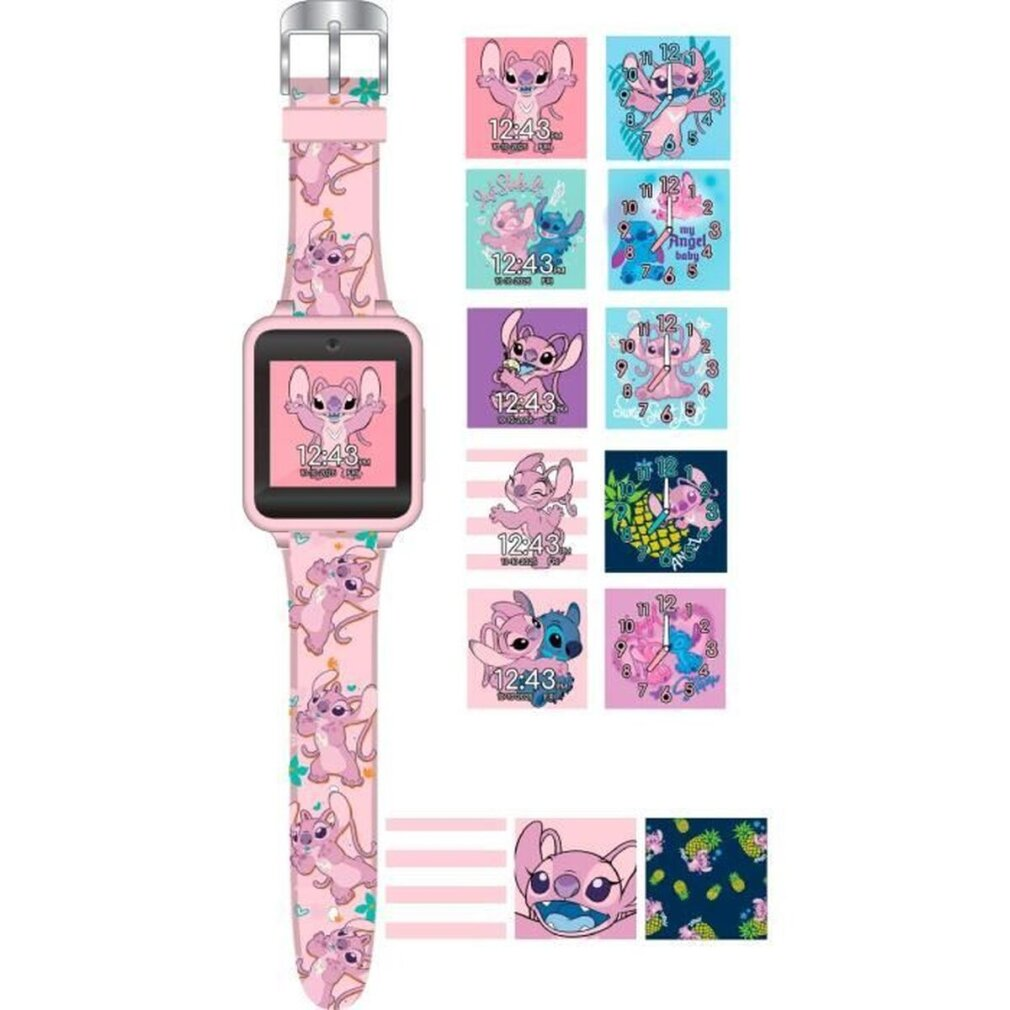 Se muestra un reloj inteligente rosa con diseño de Stitch. Muestra la hora 12:43. También se muestran varias esferas de reloj con el tema Stitch.